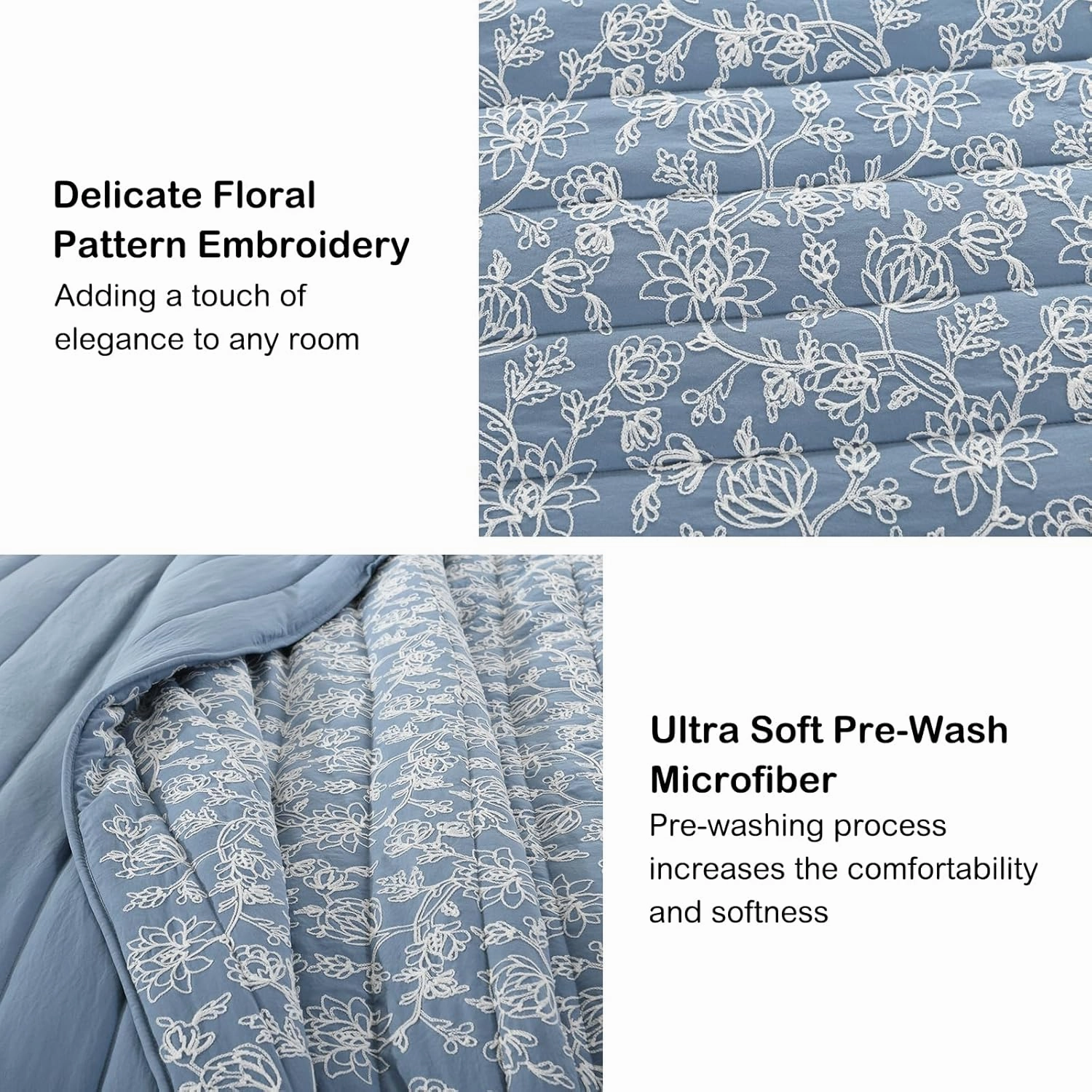 HORIMOTE HOME Floral Embroidery Quilt King Size, Blue King Quilt Bedding Set Soft Lightweight Bedspread 3 Pieces Shabby Chic Farmhouse King Size Comforter Set for All Seasons