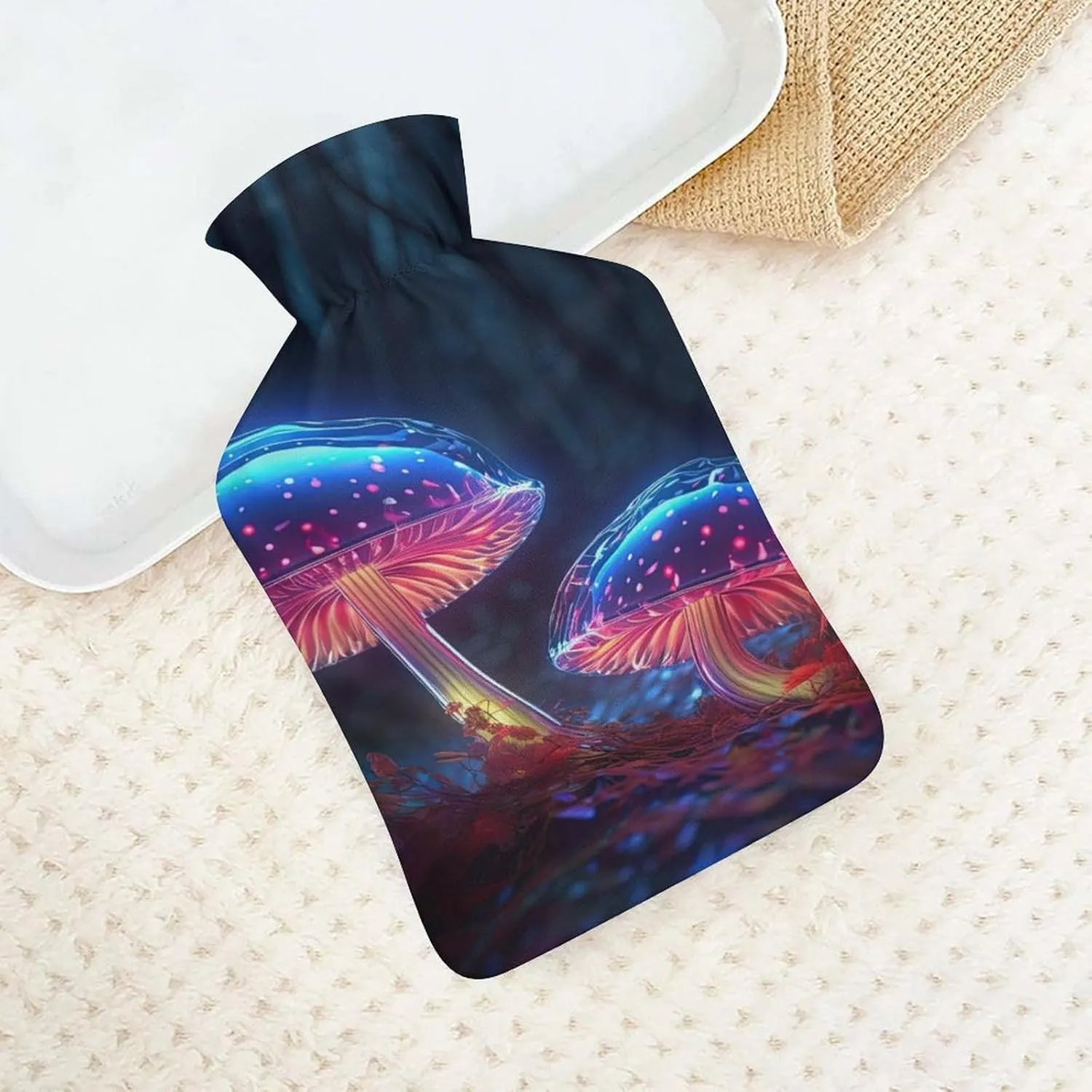 Hot Water Bottle with Soft Cover, Fantasy Plant 1L Warm Water Bag for Menstrual Cramps, Mushroom Neck and Shoulder Pain Relief, Ideal for Hand & Feet Warmer for Kids, Men & Women, Hot & Cold Compress