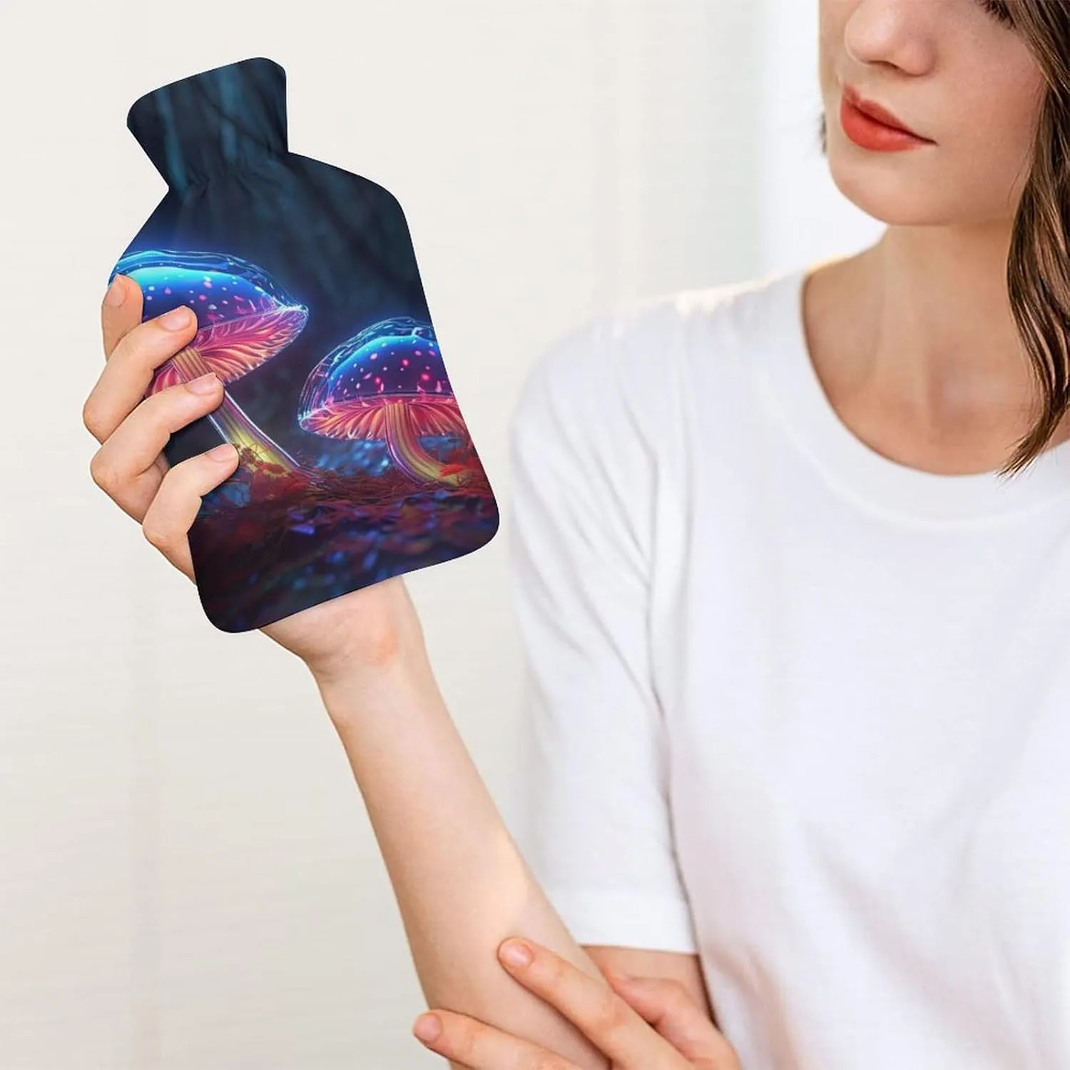 Hot Water Bottle with Soft Cover, Fantasy Plant 1L Warm Water Bag for Menstrual Cramps, Mushroom Neck and Shoulder Pain Relief, Ideal for Hand & Feet Warmer for Kids, Men & Women, Hot & Cold Compress