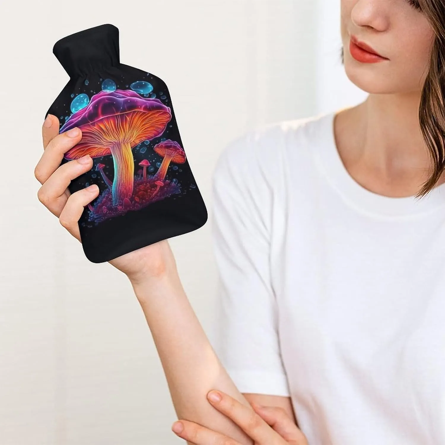 Hot Water Bottle with Soft Cover, Mushroom 1L Warm Water Bag for Menstrual Cramps, Fungus Neck and Shoulder Pain Relief, Ideal for Hand & Feet Warmer for Kids, Men & Women, Hot & Cold Compress