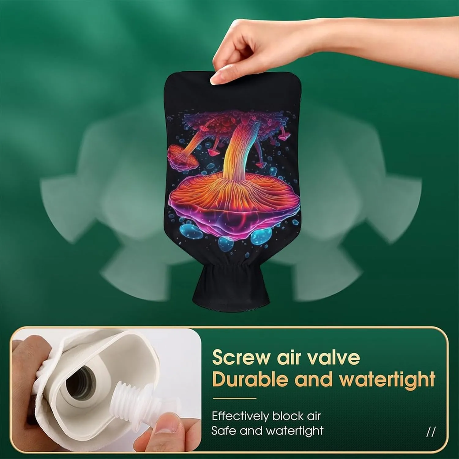 Hot Water Bottle with Soft Cover, Mushroom 1L Warm Water Bag for Menstrual Cramps, Fungus Neck and Shoulder Pain Relief, Ideal for Hand & Feet Warmer for Kids, Men & Women, Hot & Cold Compress