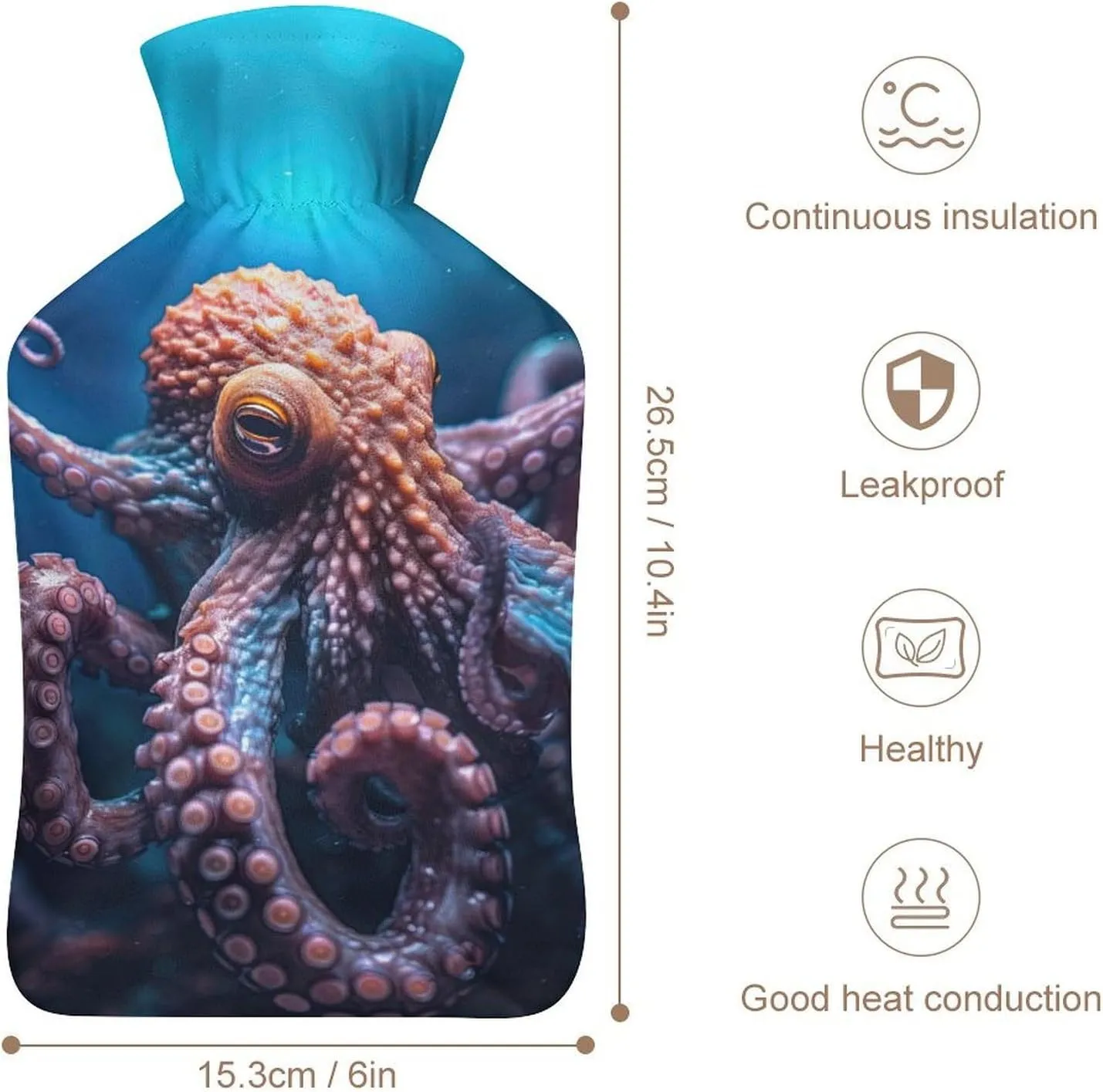 Hot Water Bottle with Soft Cover, Octopus 1L Warm Water Bag for Menstrual Cramps, Fantasy Ocean Neck and Shoulder Pain Relief, Ideal for Hand & Feet Warmer for Kids, Men & Women, Hot & Cold Compress