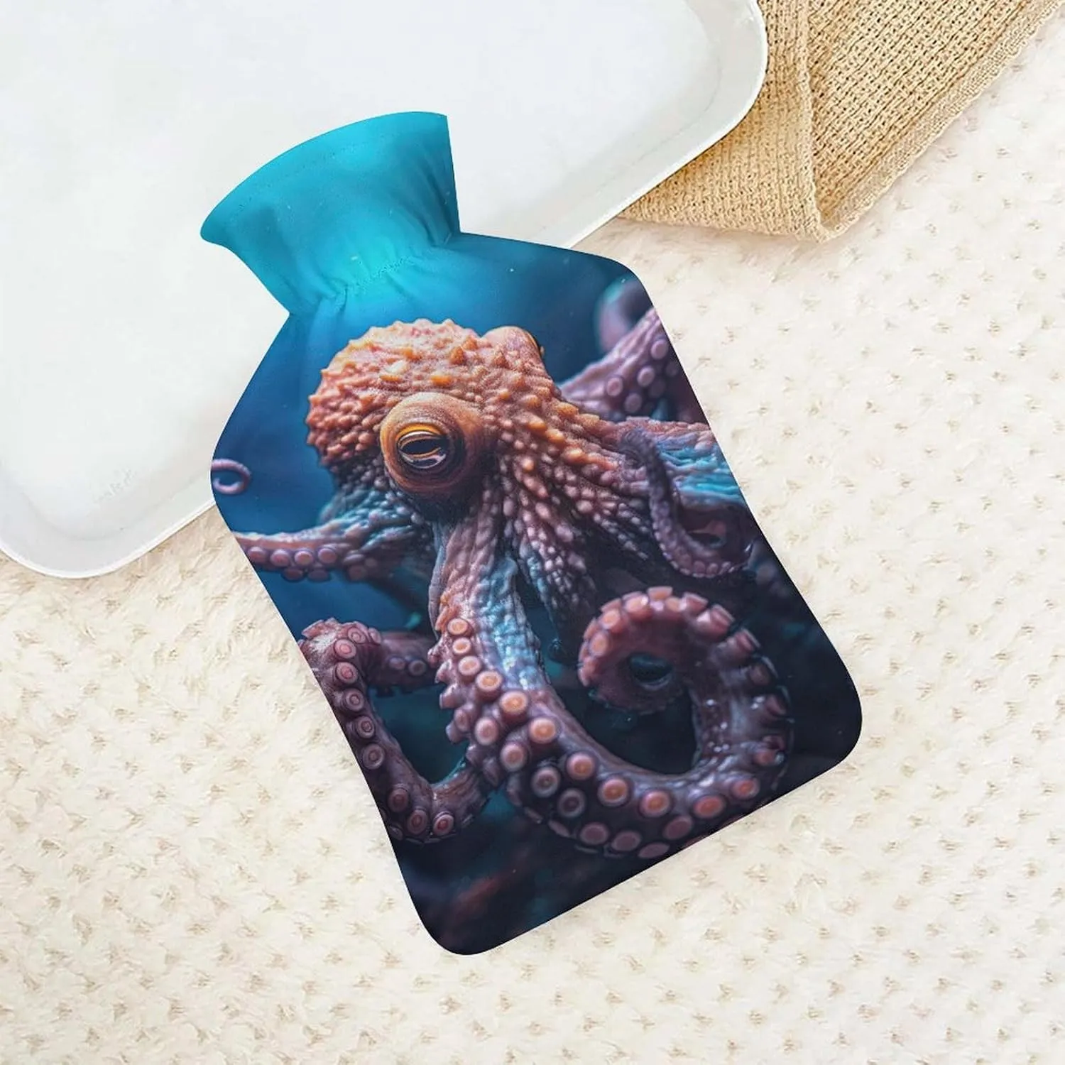 Hot Water Bottle with Soft Cover, Octopus 1L Warm Water Bag for Menstrual Cramps, Fantasy Ocean Neck and Shoulder Pain Relief, Ideal for Hand & Feet Warmer for Kids, Men & Women, Hot & Cold Compress