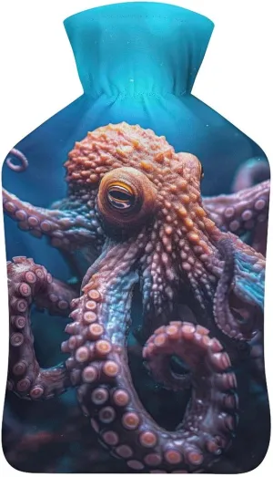 Hot Water Bottle with Soft Cover, Octopus 1L Warm Water Bag for Menstrual Cramps, Fantasy Ocean Neck and Shoulder Pain Relief, Ideal for Hand & Feet Warmer for Kids, Men & Women, Hot & Cold Compress