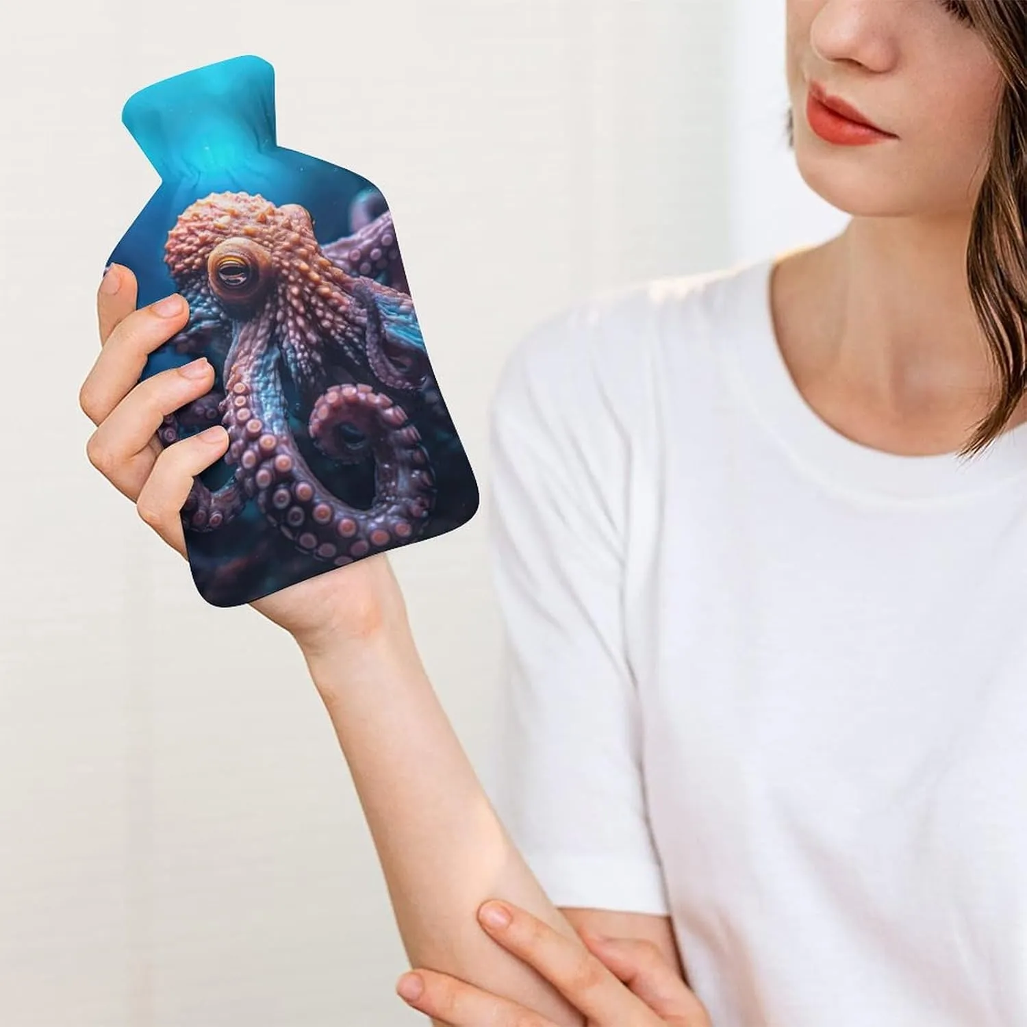 Hot Water Bottle with Soft Cover, Octopus 1L Warm Water Bag for Menstrual Cramps, Fantasy Ocean Neck and Shoulder Pain Relief, Ideal for Hand & Feet Warmer for Kids, Men & Women, Hot & Cold Compress
