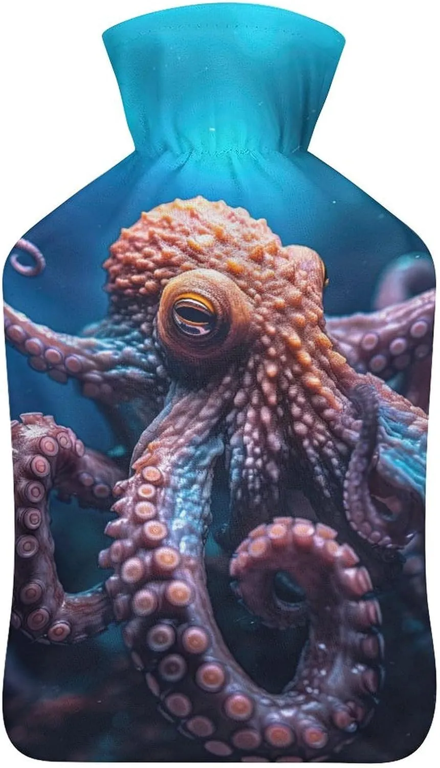 Hot Water Bottle with Soft Cover, Octopus 1L Warm Water Bag for Menstrual Cramps, Fantasy Ocean Neck and Shoulder Pain Relief, Ideal for Hand & Feet Warmer for Kids, Men & Women, Hot & Cold Compress