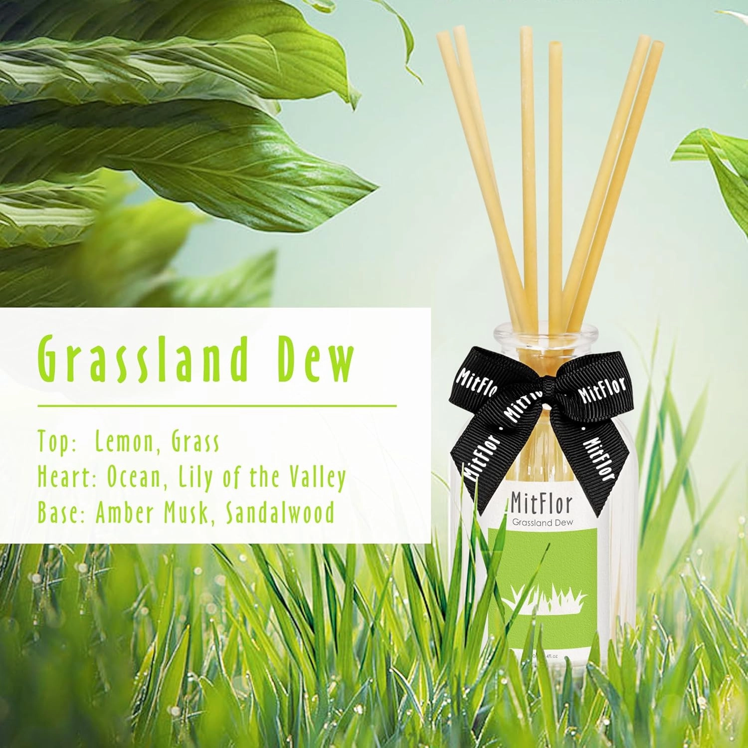 Hotel Collection Diffuser, MitFlor Grassland Dew Reed Diffuser for Home Decor and Fragrance - Lemon, Grass, Ocean, Amber Musk, Sandalwood - 100ml/3.4 fl oz