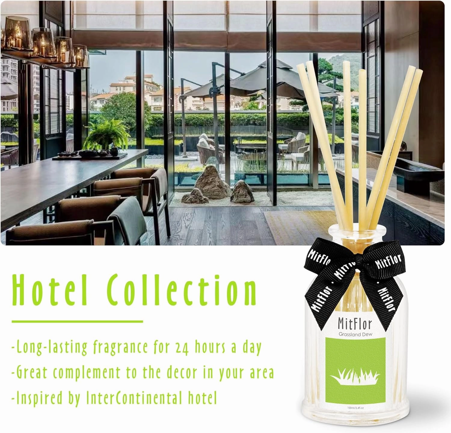 Hotel Collection Diffuser, MitFlor Grassland Dew Reed Diffuser for Home Decor and Fragrance - Lemon, Grass, Ocean, Amber Musk, Sandalwood - 100ml/3.4 fl oz