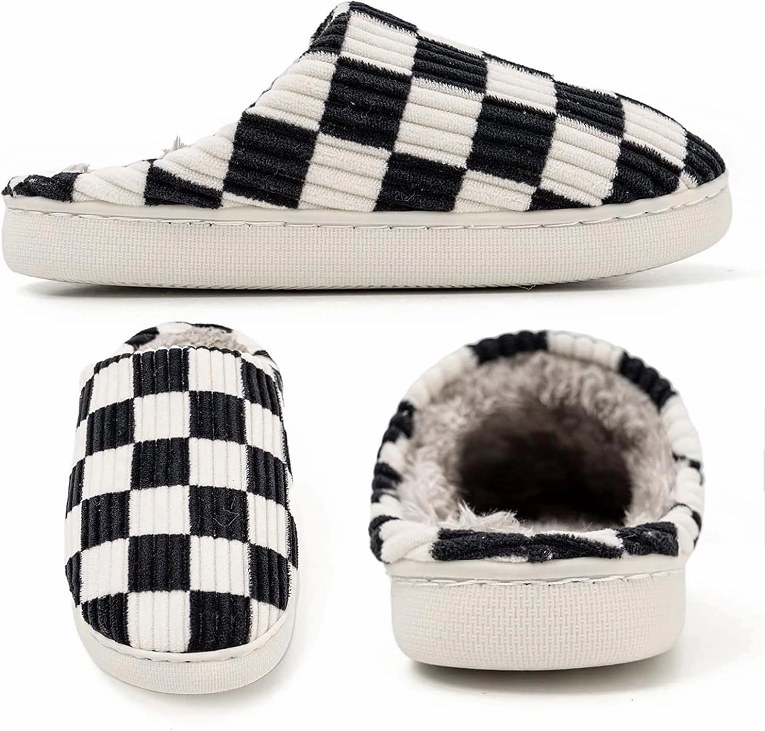 House Slippers for Woman Men, Womens Slippers on Fuzzy House Shoes Memory Foam Checkered Scuff Outdoor Indoor Warm Plush Bedroom Shoes with Faux Fur Lining Size