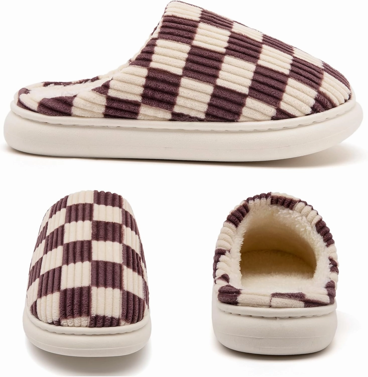House Slippers for Woman Men, Womens Slippers on Fuzzy House Shoes Memory Foam Checkered Scuff Outdoor Indoor Warm Plush Bedroom Shoes with Faux Fur Lining Size