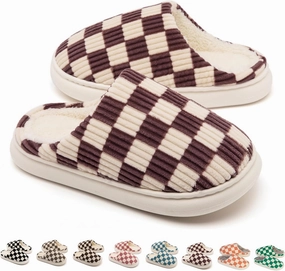 House Slippers for Woman Men, Womens Slippers on Fuzzy House Shoes Memory Foam Checkered Scuff Outdoor Indoor Warm Plush Bedroom Shoes with Faux Fur Lining Size