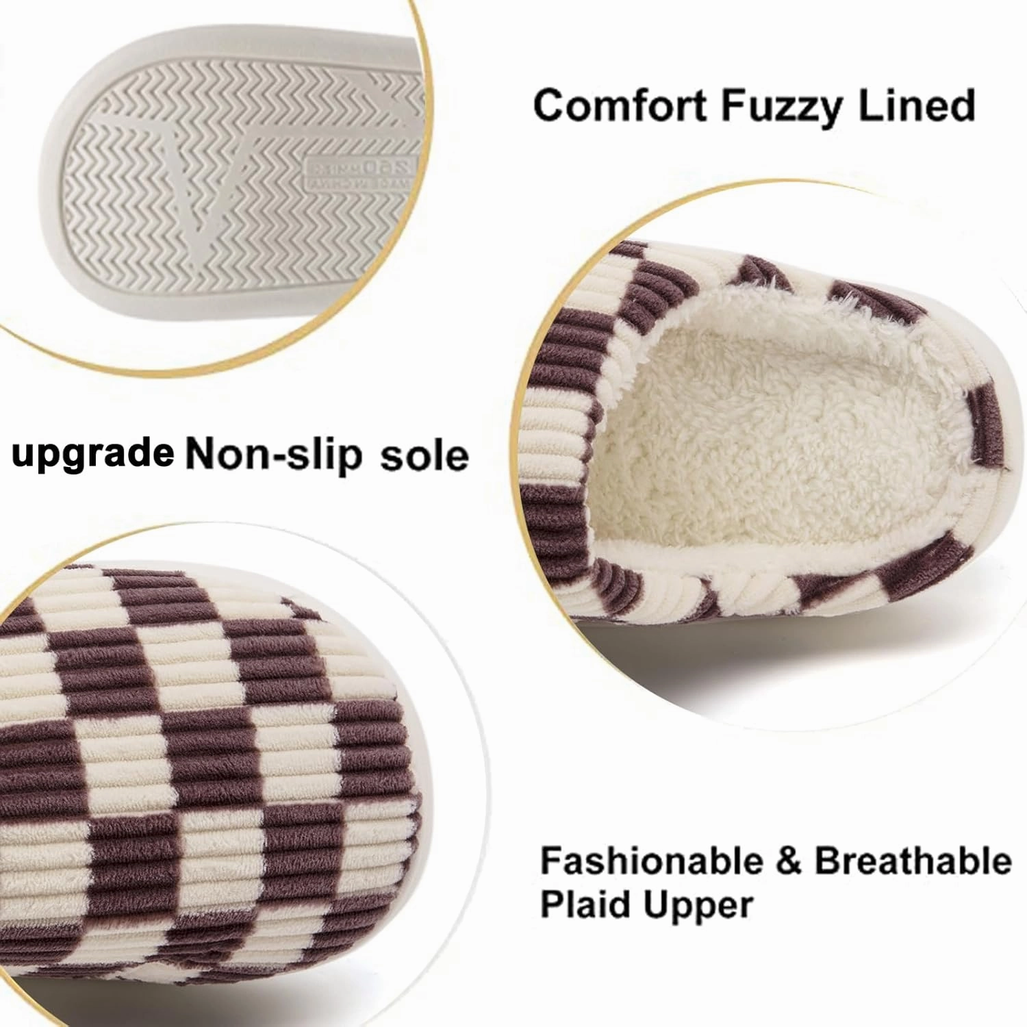 House Slippers for Woman Men, Womens Slippers on Fuzzy House Shoes Memory Foam Checkered Scuff Outdoor Indoor Warm Plush Bedroom Shoes with Faux Fur Lining Size