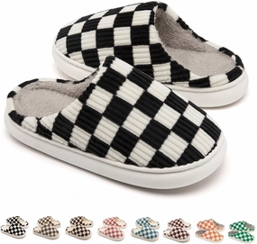House Slippers for Woman Men, Womens Slippers on Fuzzy House Shoes Memory Foam Checkered Scuff Outdoor Indoor Warm Plush Bedroom Shoes with Faux Fur Lining Size