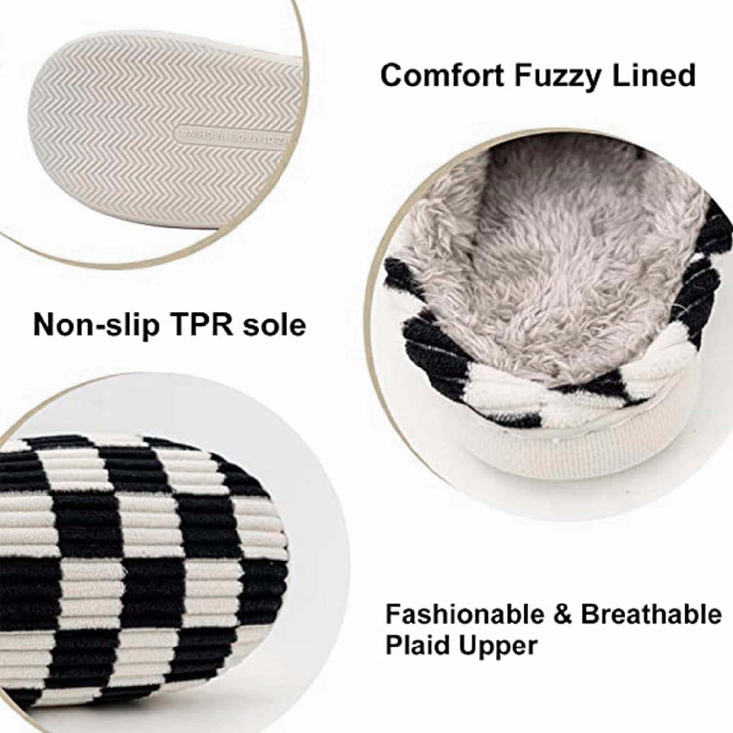 House Slippers for Woman Men, Womens Slippers on Fuzzy House Shoes Memory Foam Checkered Scuff Outdoor Indoor Warm Plush Bedroom Shoes with Faux Fur Lining Size
