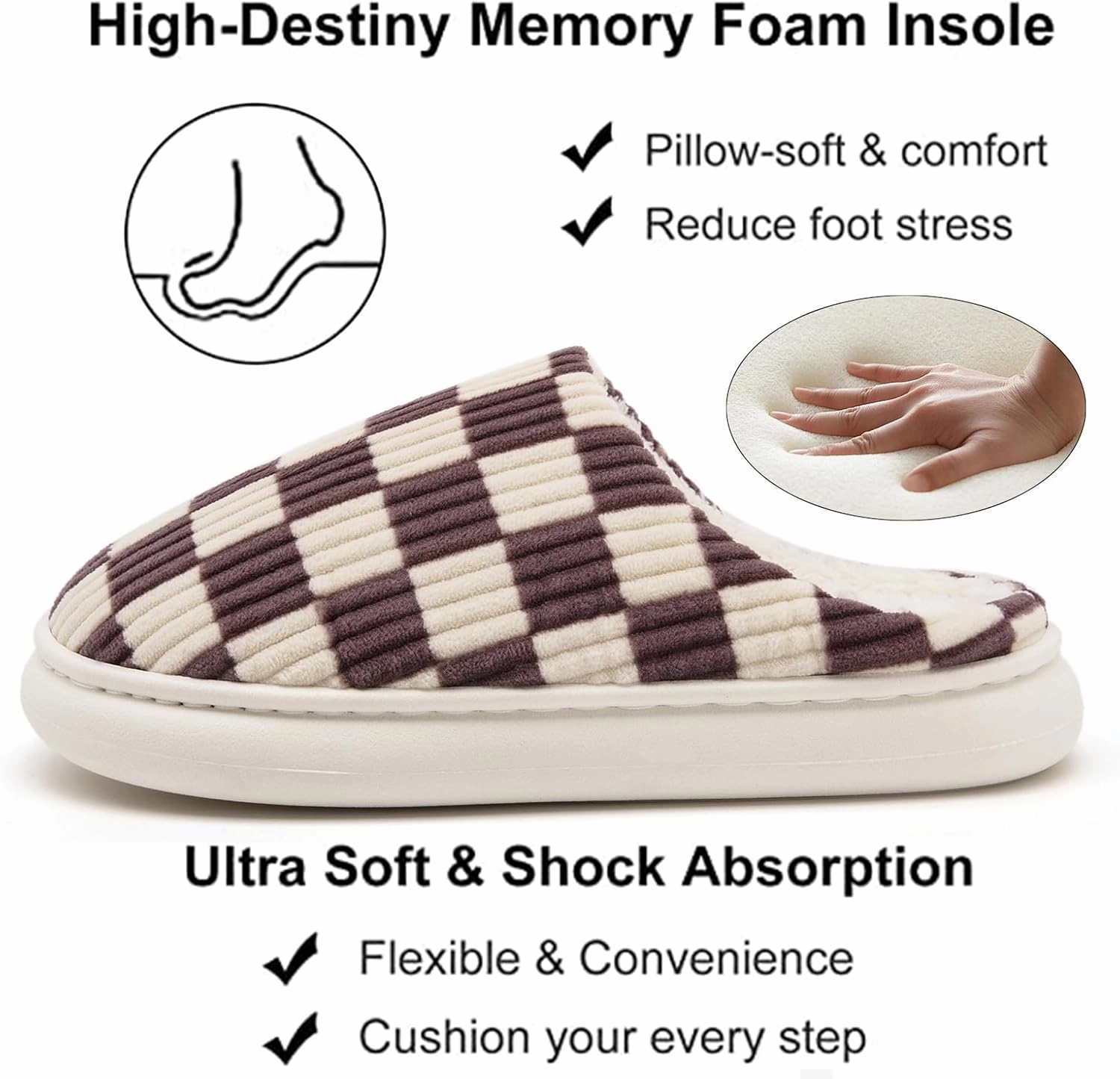 House Slippers for Woman Men, Womens Slippers on Fuzzy House Shoes Memory Foam Checkered Scuff Outdoor Indoor Warm Plush Bedroom Shoes with Faux Fur Lining Size