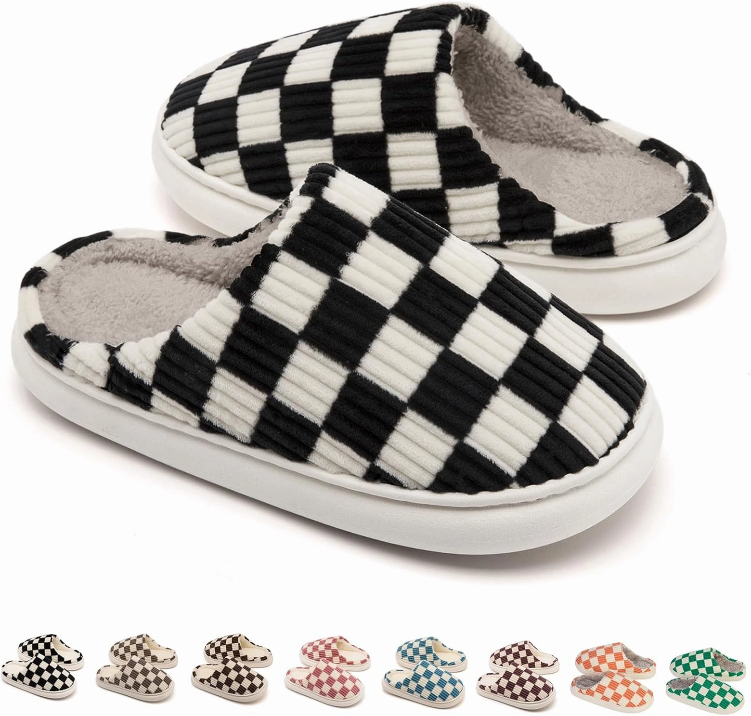 House Slippers for Woman Men, Womens Slippers on Fuzzy House Shoes Memory Foam Checkered Scuff Outdoor Indoor Warm Plush Bedroom Shoes with Faux Fur Lining Size