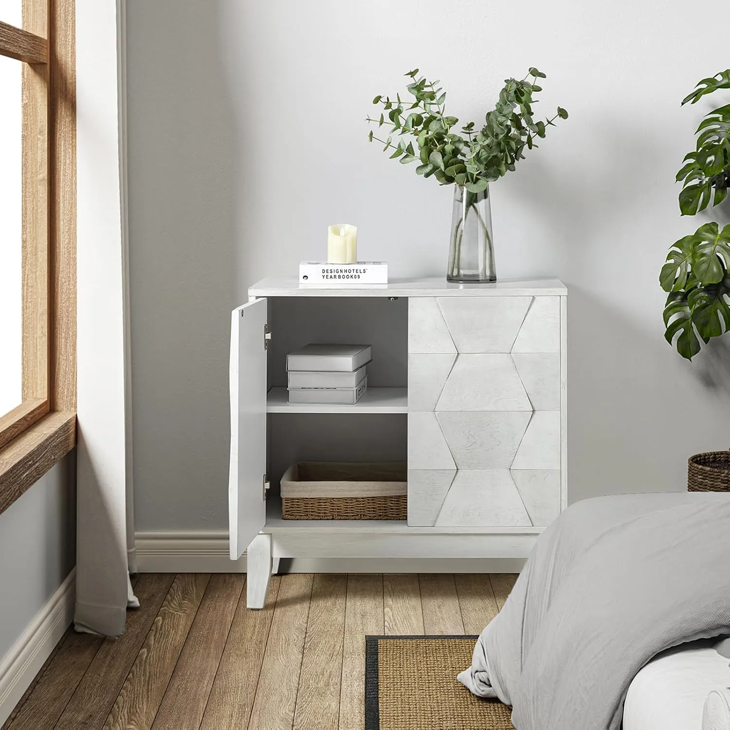 HULALA HOME Mid Century Modern Buffet Cabinet with Solid Wood Legs, Adjustable Shelf Accent Cabinet, White Storage Unit for Kitchen, Living Room, Dining, Hallway, 3D Geometric, Set of 2