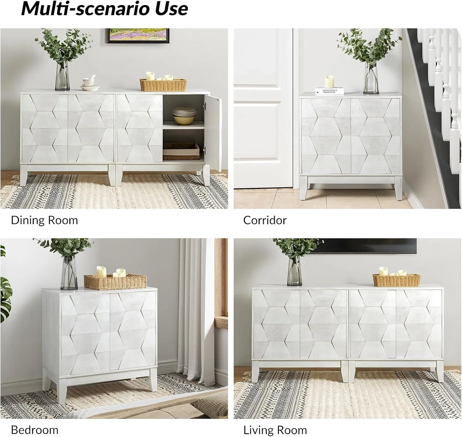 HULALA HOME Mid Century Modern Buffet Cabinet with Solid Wood Legs, Adjustable Shelf Accent Cabinet, White Storage Unit for Kitchen, Living Room, Dining, Hallway, 3D Geometric, Set of 2