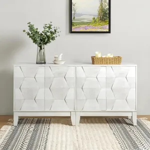 HULALA HOME Mid Century Modern Buffet Cabinet with Solid Wood Legs, Adjustable Shelf Accent Cabinet, White Storage Unit for Kitchen, Living Room, Dining, Hallway, 3D Geometric, Set of 2