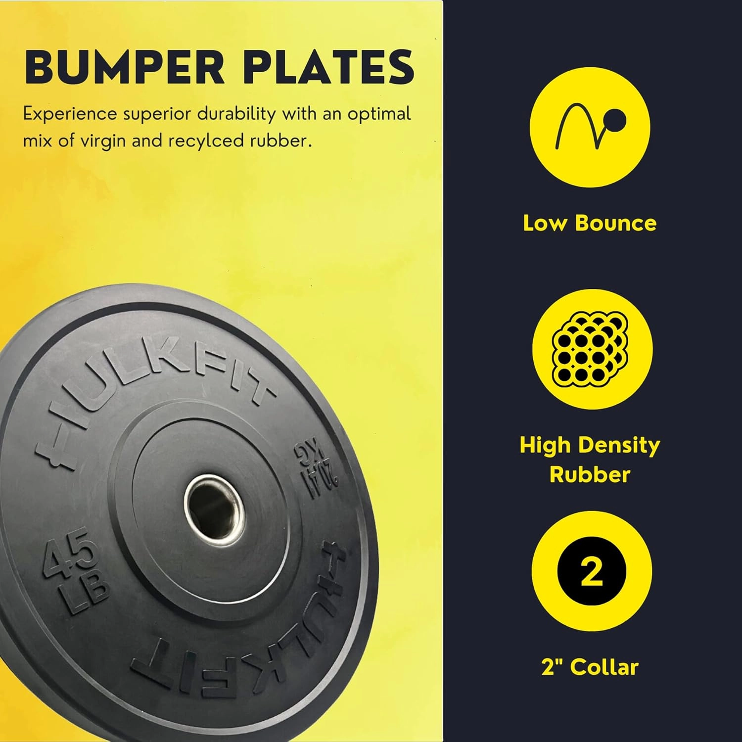 HulkFit 2-inch Sport Series Olympic Weight Plates Bumper Plates for Barbell Weightlifting Strength Training with Shock Absorbing Low Bounce Technology - Black & Multicolor