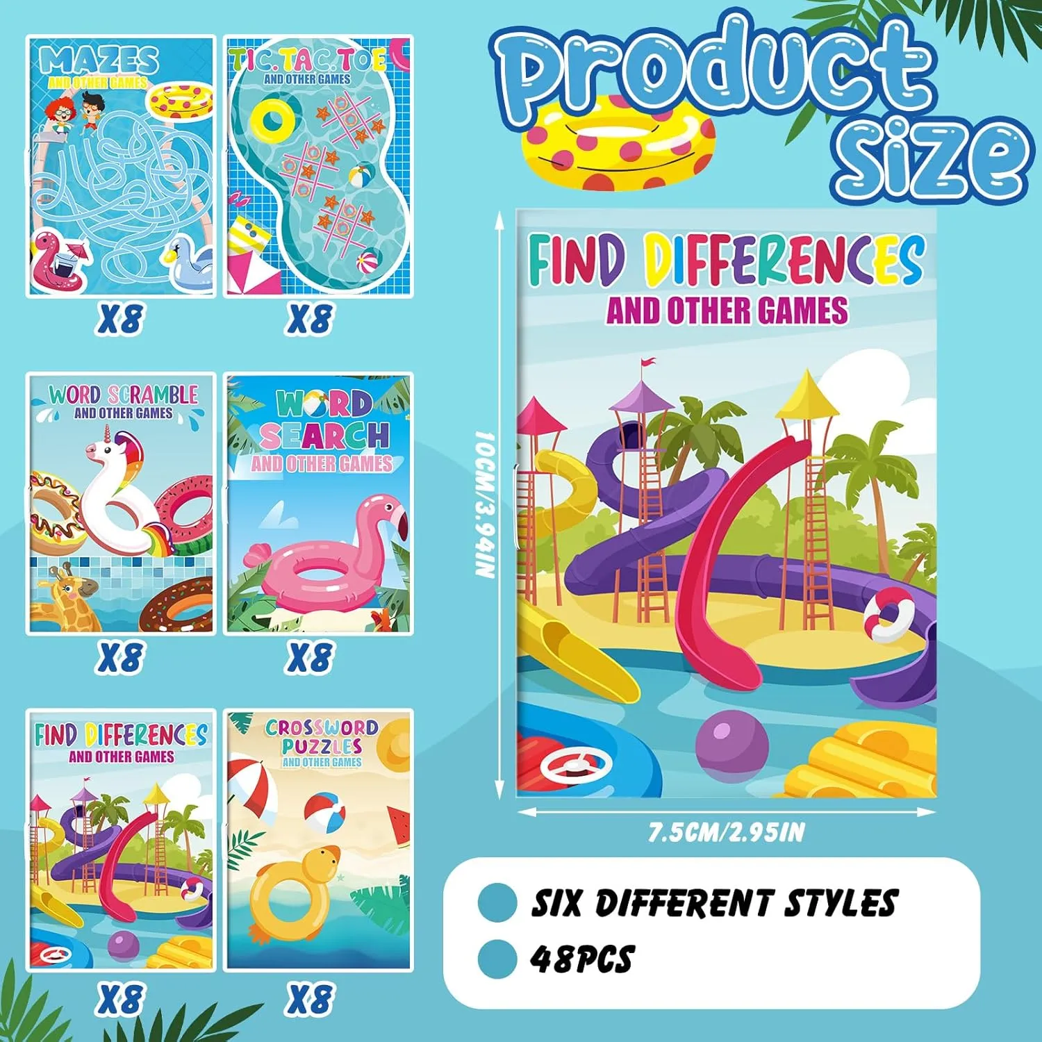 Hungdao 48 Pcs Mini Activity Books for Kids, Mini Fun Games Challenging Activities, Mazes, Word Search, Word Scramble, Find Difference and More for Party Classroom Gifts Bag (Summer Pool)