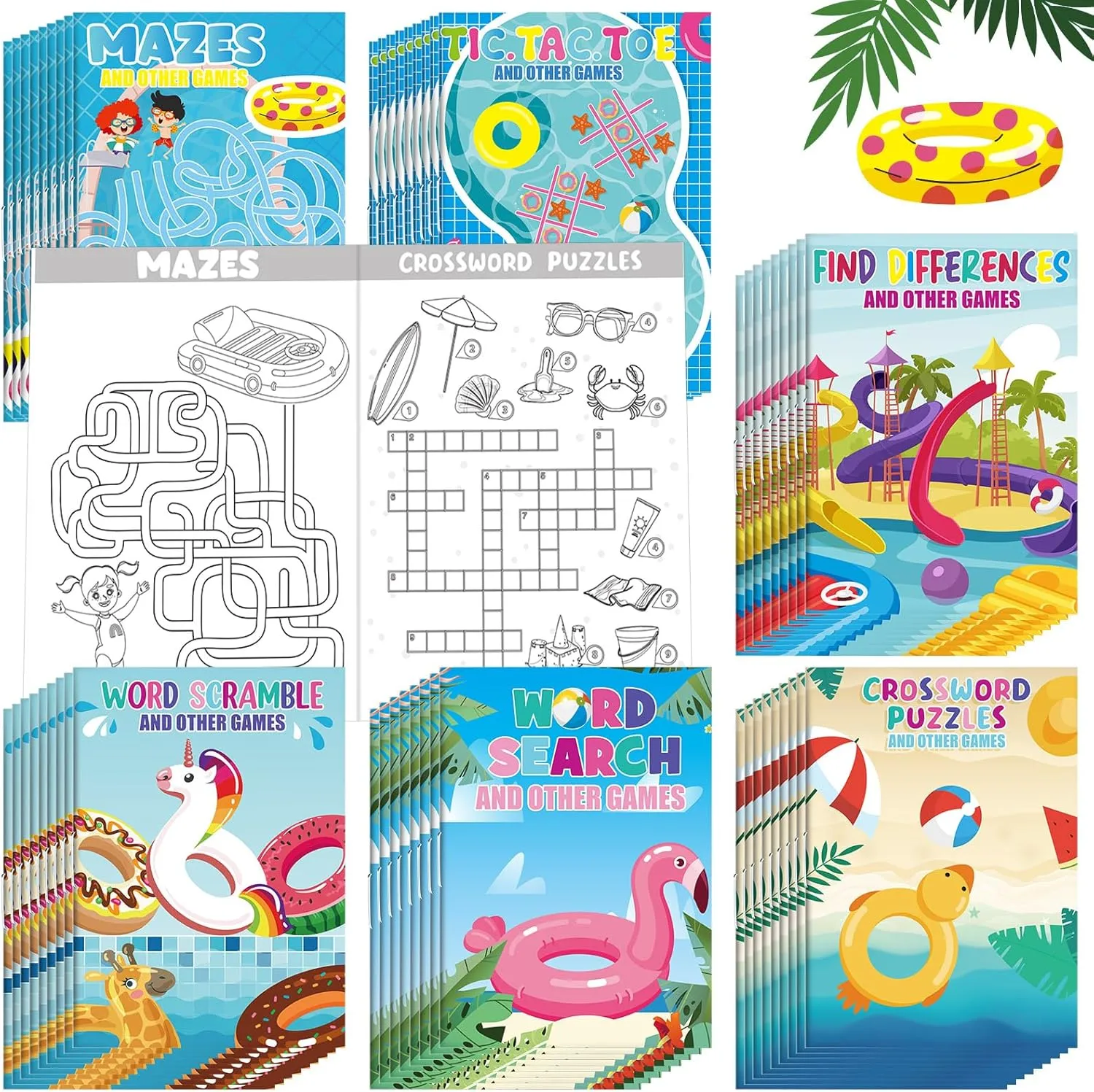 Hungdao 48 Pcs Mini Activity Books for Kids, Mini Fun Games Challenging Activities, Mazes, Word Search, Word Scramble, Find Difference and More for Party Classroom Gifts Bag (Summer Pool)
