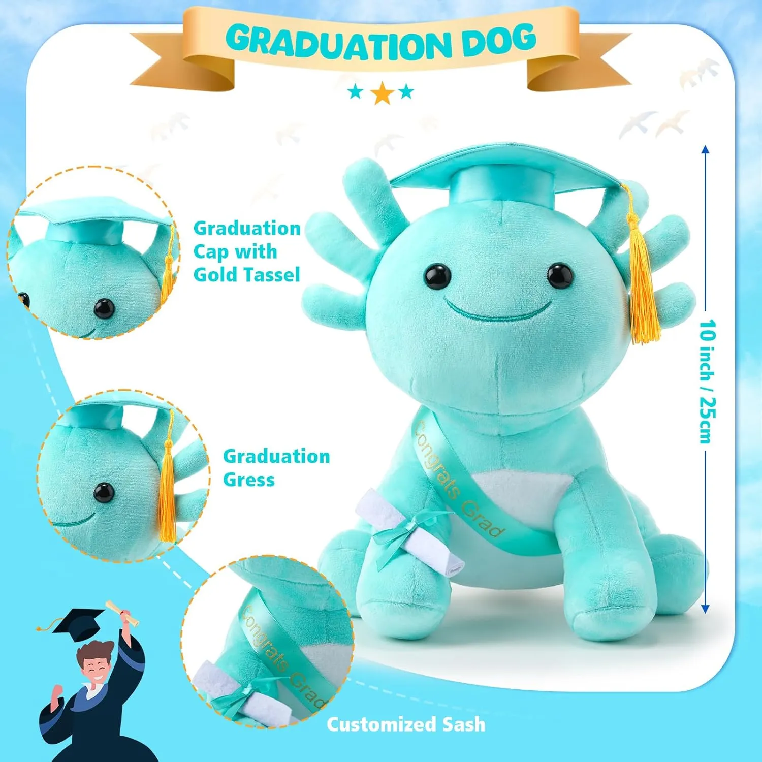 HyDren 10 Inch Graduation Axolotl Plush Stuffed Animal Axolotl Stuffed Animals with Graduation Hat Diploma and Sash, Plush Gift for Preschool, Kindergarten, Friend, Relatives(Green)