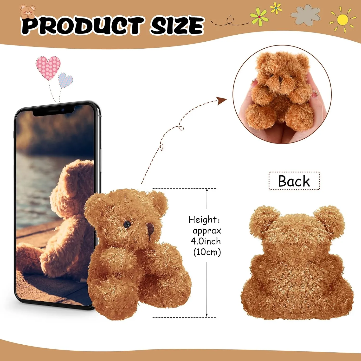 HyDren 24 Pcs 4 in Mini Bear Stuffed Animal Bulk Small Plush Bears Tiny Soft Doll Toy for DIY Keychain Birthday Baby Shower Wedding Back to School Gifts Party Favors(Brown)