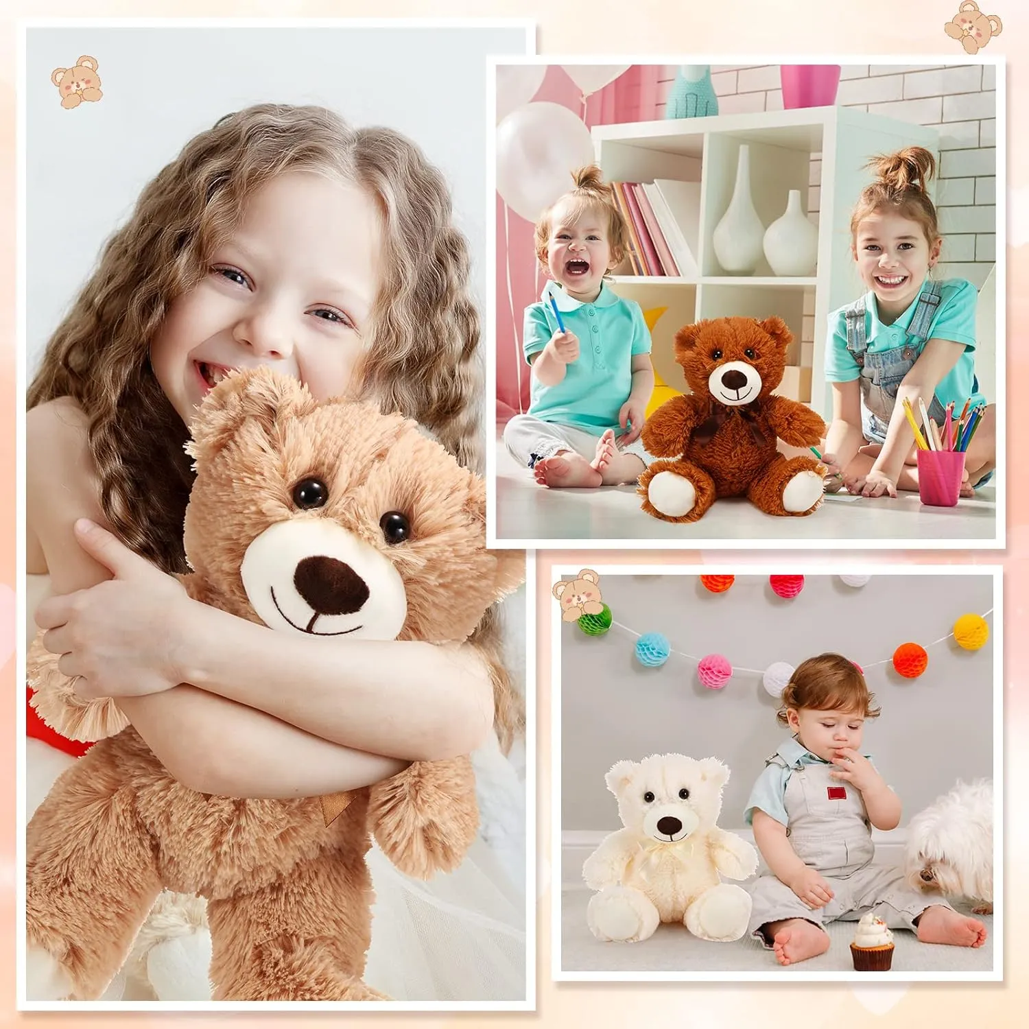 HyDren 6 Pcs Bear Stuffed Animal Plush Toys Soft Plush Dolls Bear Sleeping and Playing Toys for Baby Shower Decoration Boy(Long Plush,White, Brown, Beige)
