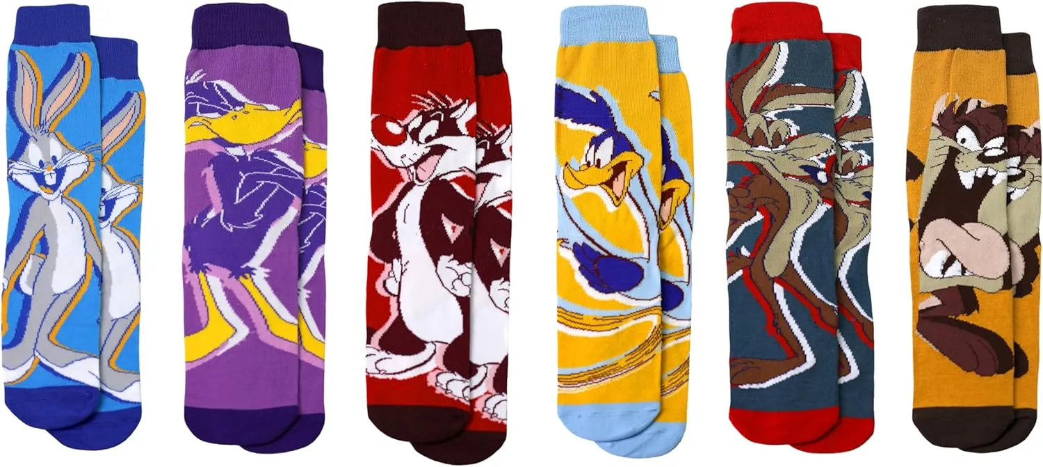Hyp Looney Tunes Socks for Men, 6 Pair Pack, Mens Bugs Bunny Socks - Daffy Duck, Sylvester, Tweety - Size 8-12