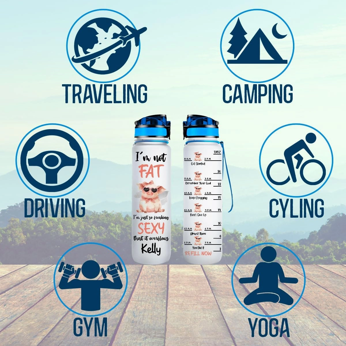 I'm Not Fat I'm Just So Freaking Pretty Pig Farmer Animal Motivational Tracker Working Out Customized Name Water Tracker Bottle Gift 32oz Fitness Gym Outdoor