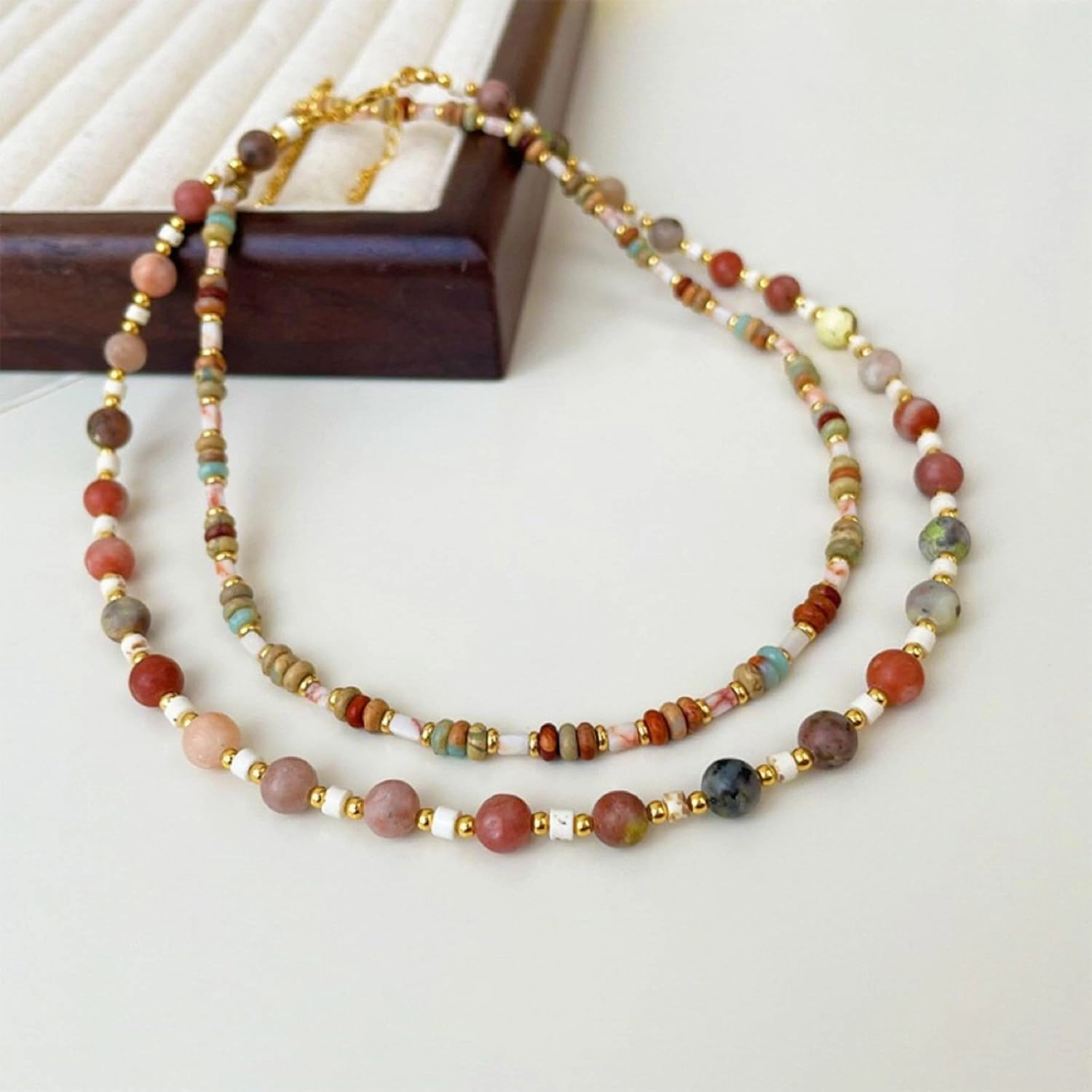 IBARA Boho Colorful Beaded Choker Necklace/Bracelet for Women,Real Natural Stone Gemstone Necklace Freshwater Pearl Necklace 18K Gold Plated Summer Beach Handmade Jewelry Trendy