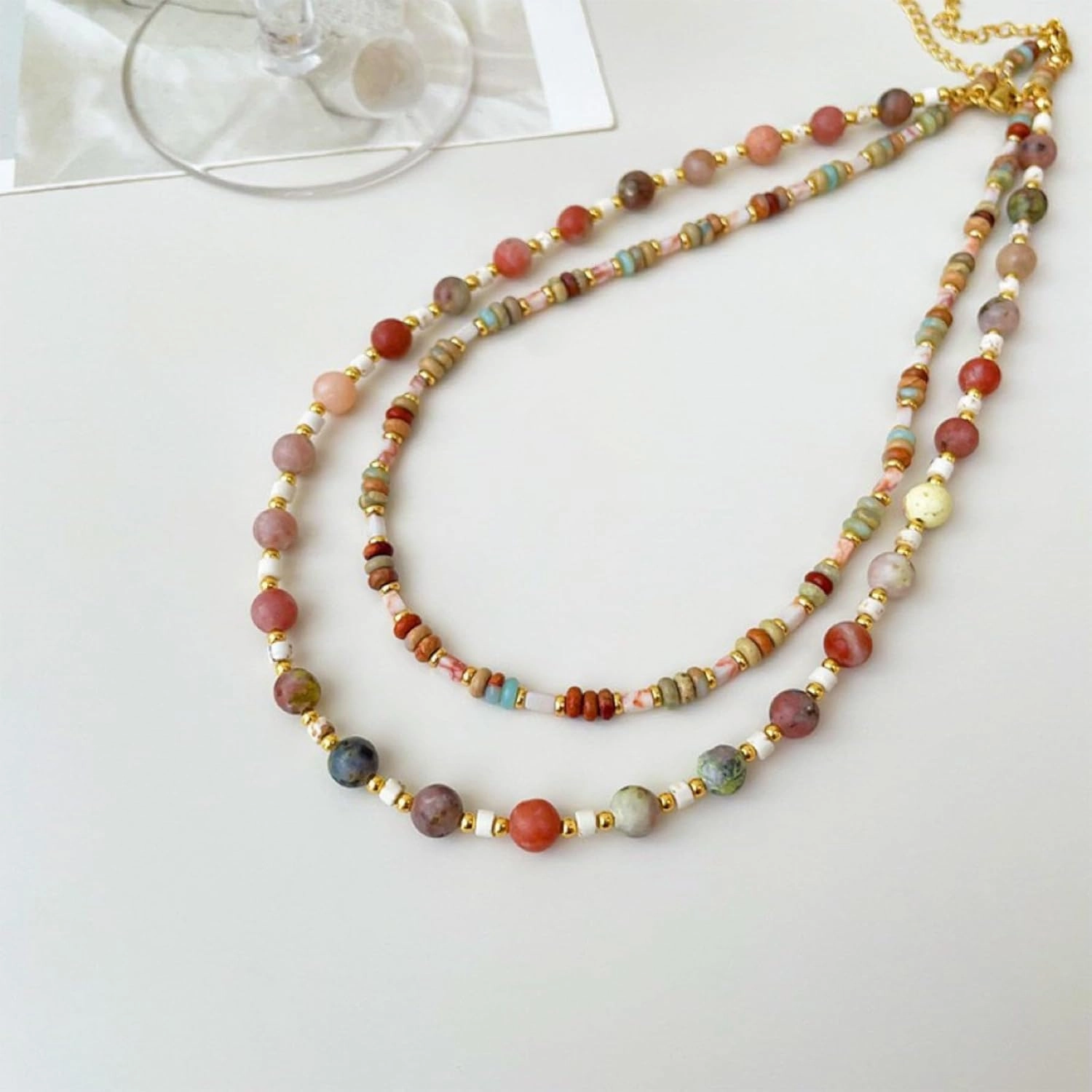 IBARA Boho Colorful Beaded Choker Necklace/Bracelet for Women,Real Natural Stone Gemstone Necklace Freshwater Pearl Necklace 18K Gold Plated Summer Beach Handmade Jewelry Trendy