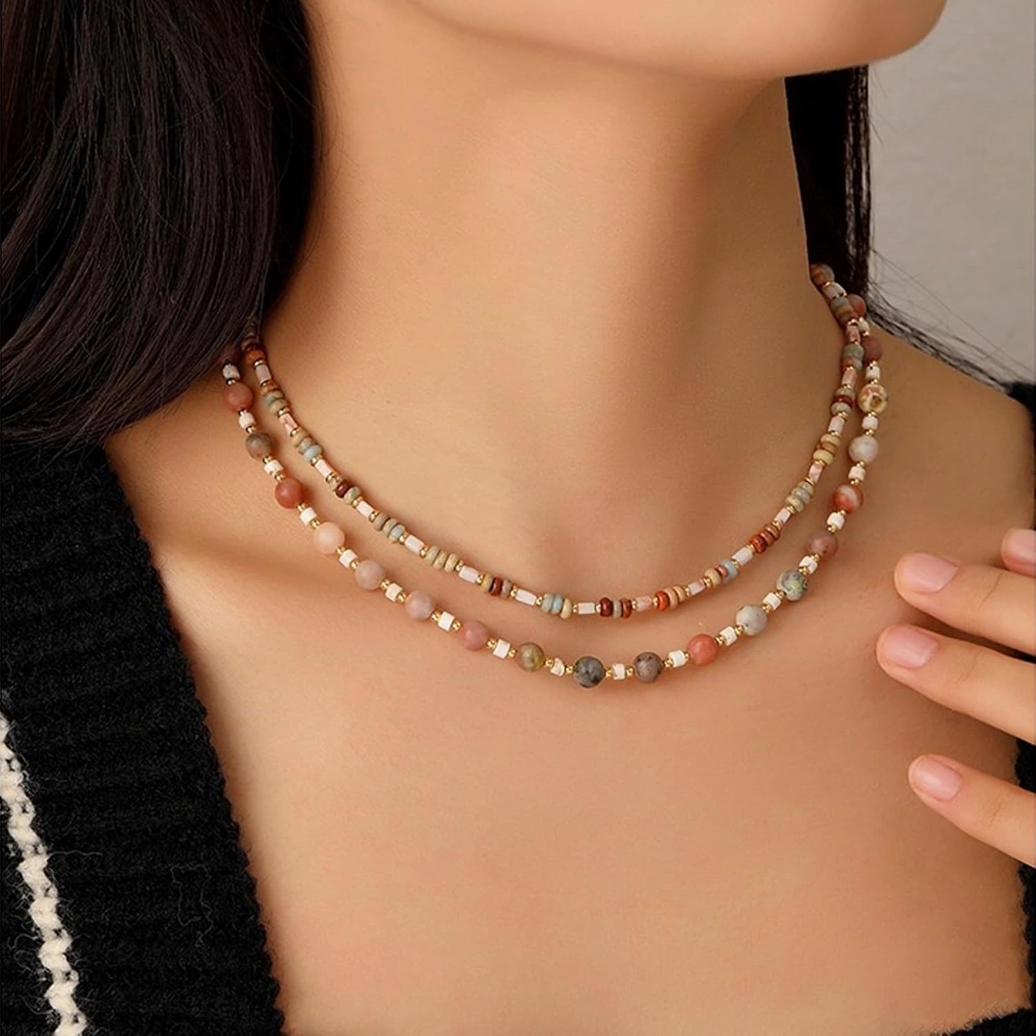 IBARA Boho Colorful Beaded Choker Necklace/Bracelet for Women,Real Natural Stone Gemstone Necklace Freshwater Pearl Necklace 18K Gold Plated Summer Beach Handmade Jewelry Trendy
