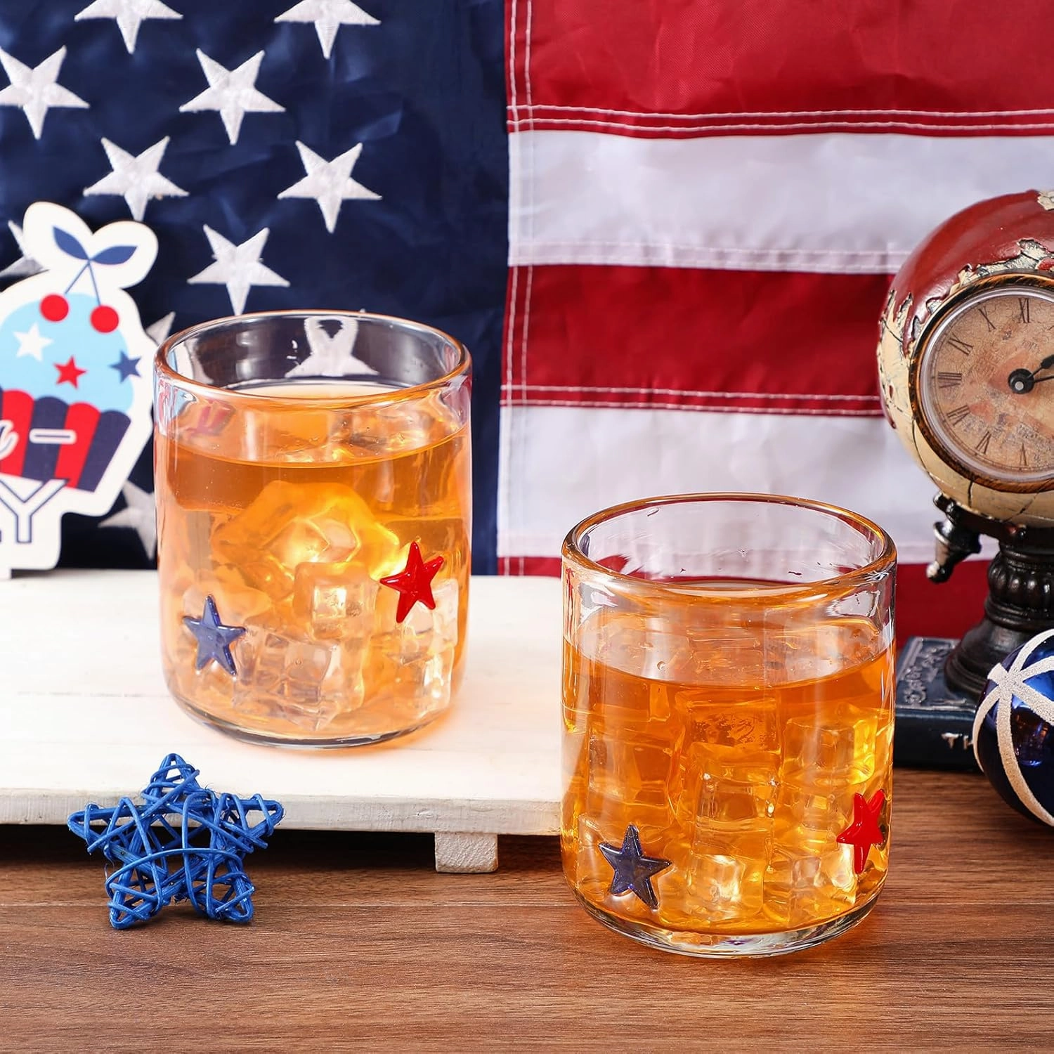 Icon Juice Glasses, 14oz Stemless Wine Drinking Juice Glass Cup for Party Supplies Gift(Red, Blue,2 Pcs)