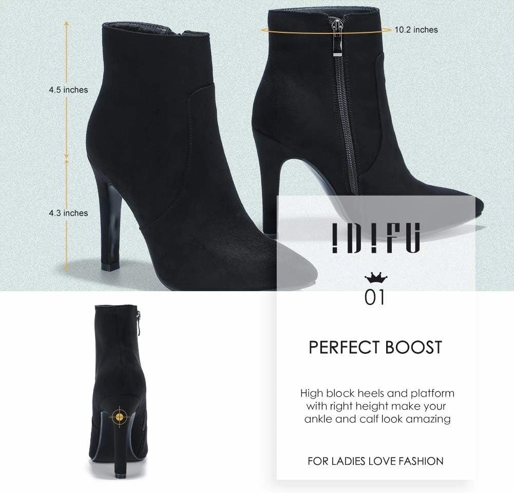 IDIFU Ankle Boots for Women High Heel Pointed Toe Boots Side Zipper Stiletto Booties