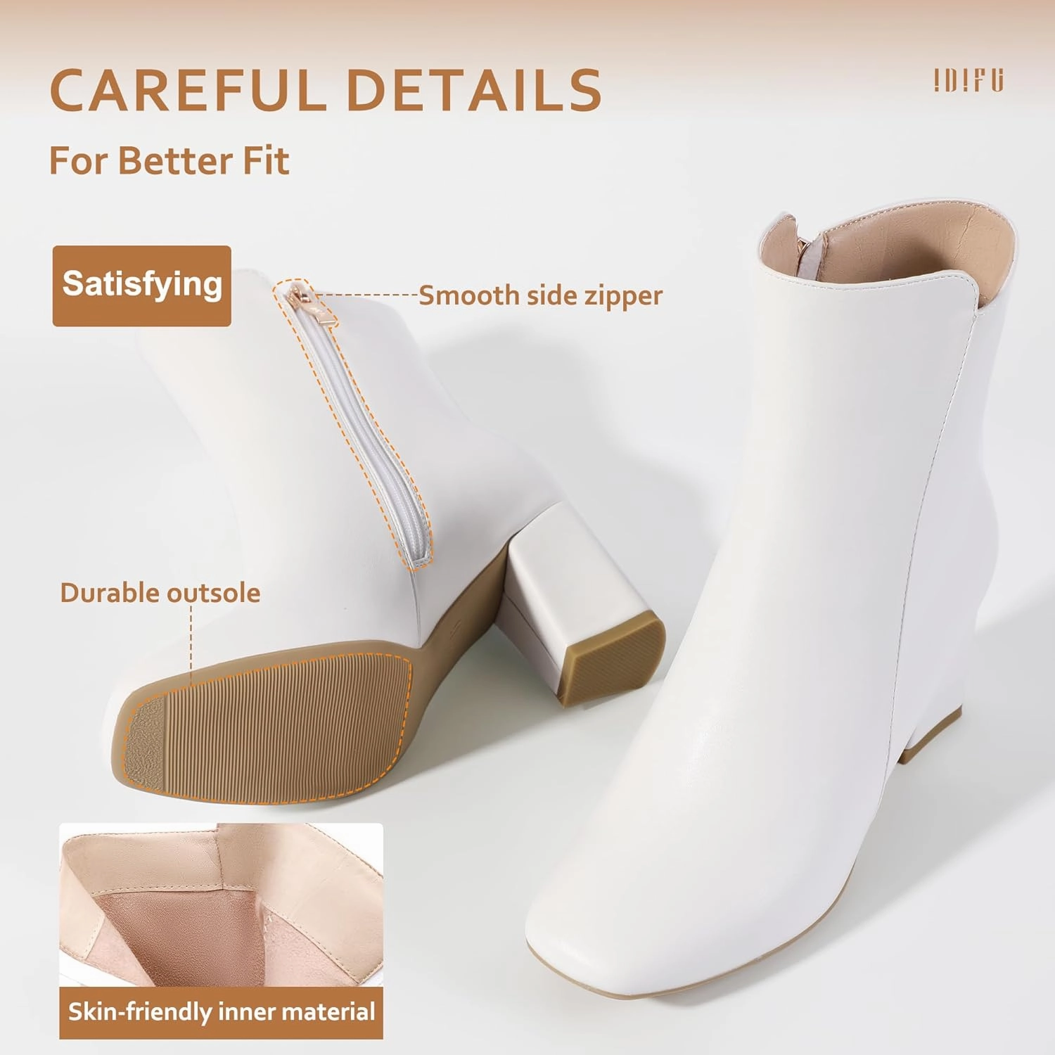 IDIFU Women's Ada Fashion Square Toe Ankle Boots Low Block Heel Short Boots Side Zipper Booties Shoes- Half Size Larger