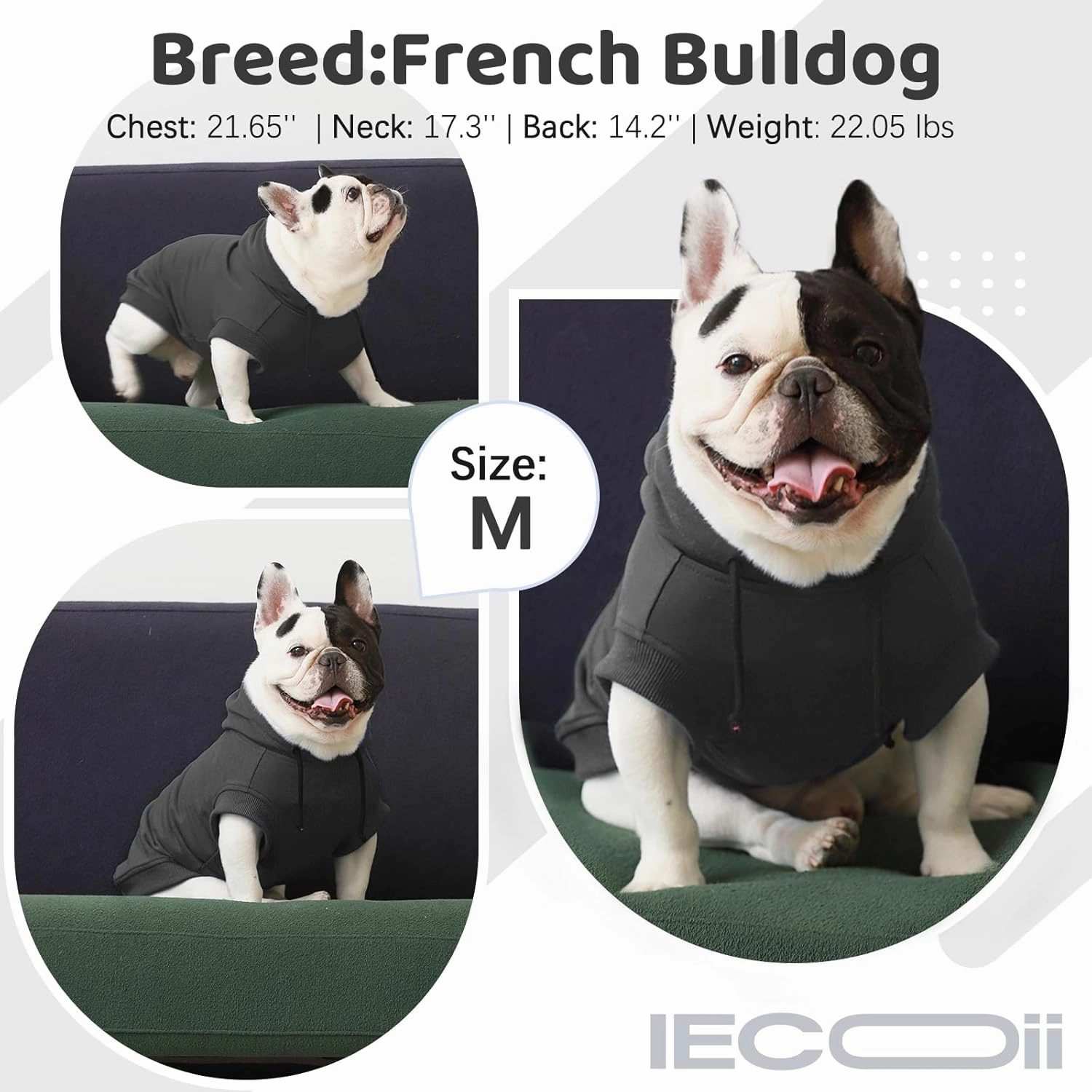 IECOii Large Dog Hoodie,Large Dog Sweater with Hood,Breathable Hooded Sweatshirt for Dogs,Pet Sweatshirt Outfit for Dogs Boy and Girl, Dachshund,French Bulldog Hooded Clothes,Grey,L(No Fleece Lined)