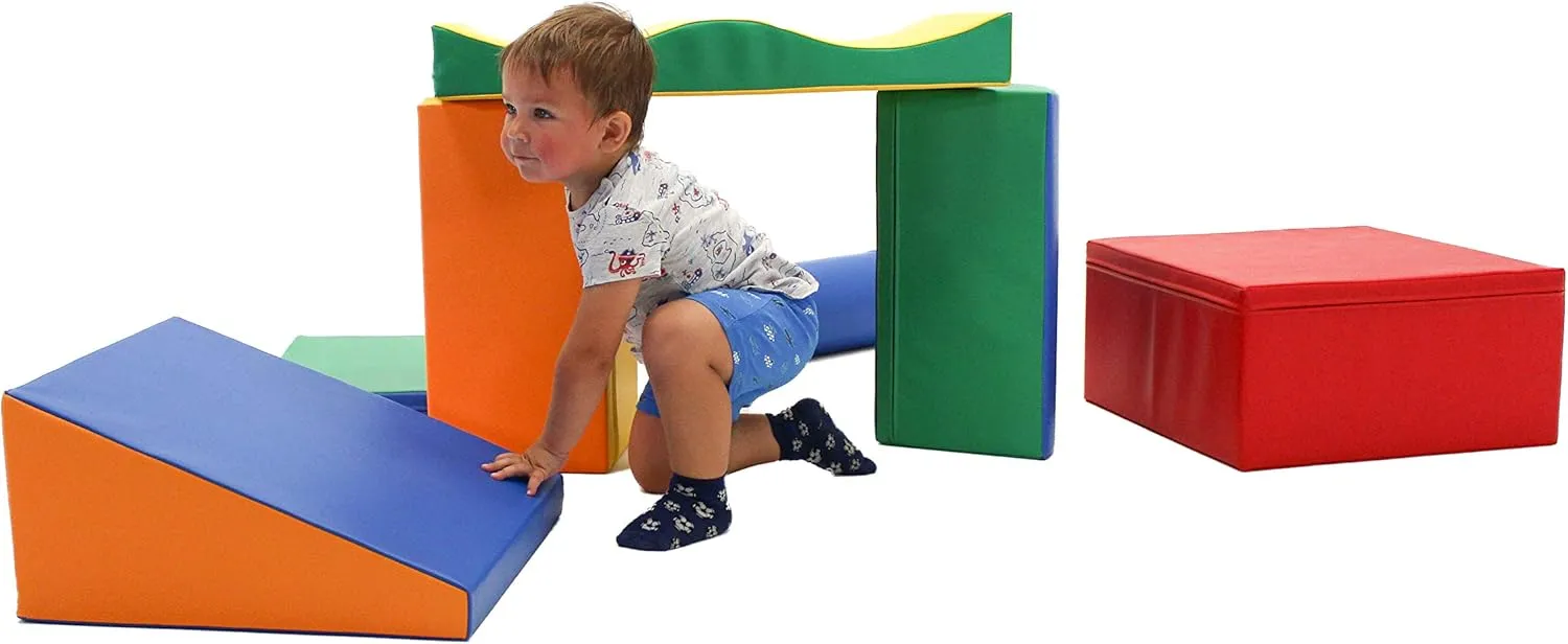 IGLU Soft Play Discoverer Set for Toddlers 1-3 Crawling and Climbing Indoor Foam Block Step and Slide Equipment Montessory Activity Toys 7 Shapes with Anti Slip (Multicolor, Large)