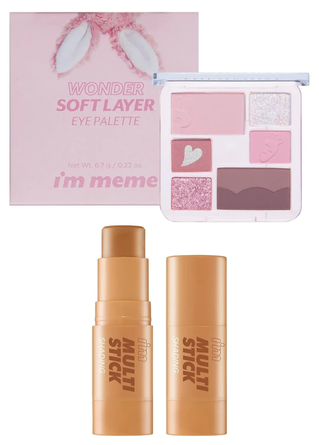 I'M MEME Wonder Soft Layer Palette 02 My Bunny, 0.23 Oz   Contour Stick for Face - I'm Multi-stick Shading 001 Bronzer, 0.24 Oz Bundle