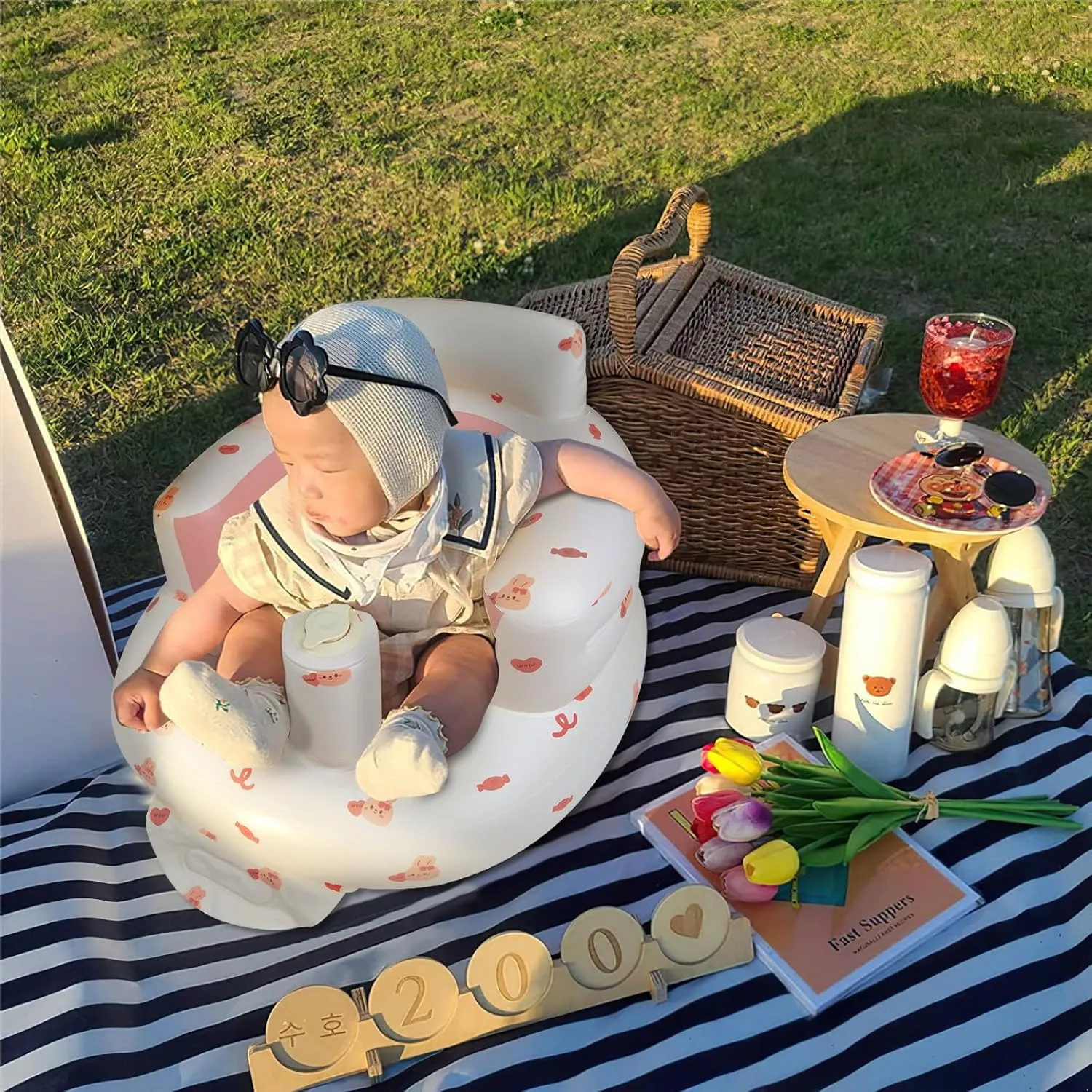 Inflatable Baby Chair with Built in Air Pump, Sit me Up Floor Seat for Baby 3 Months & Up, Blow Up Baby Seats for for Infants for Sitting Up - Bunny