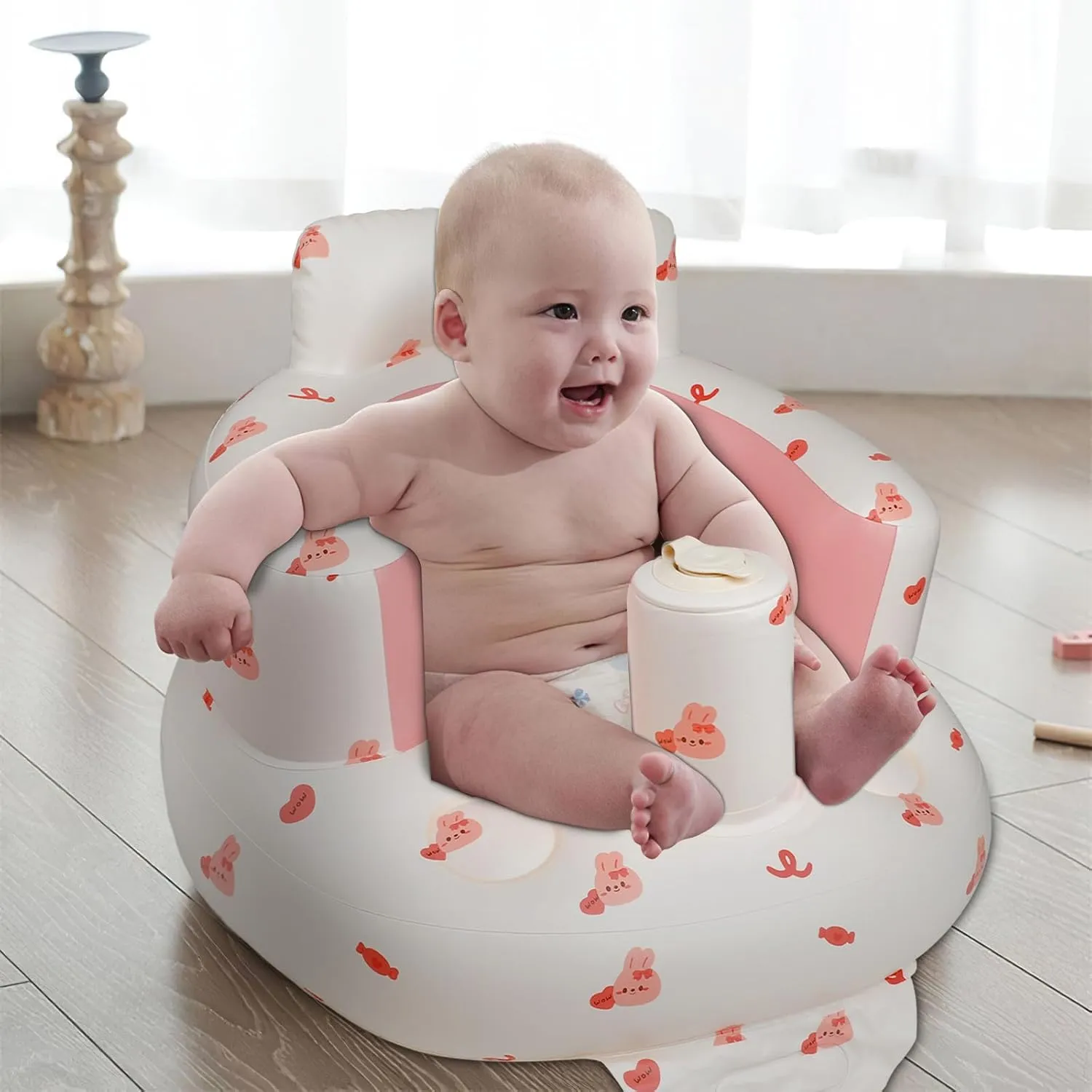 Inflatable Baby Chair with Built in Air Pump, Sit me Up Floor Seat for Baby 3 Months & Up, Blow Up Baby Seats for for Infants for Sitting Up - Bunny