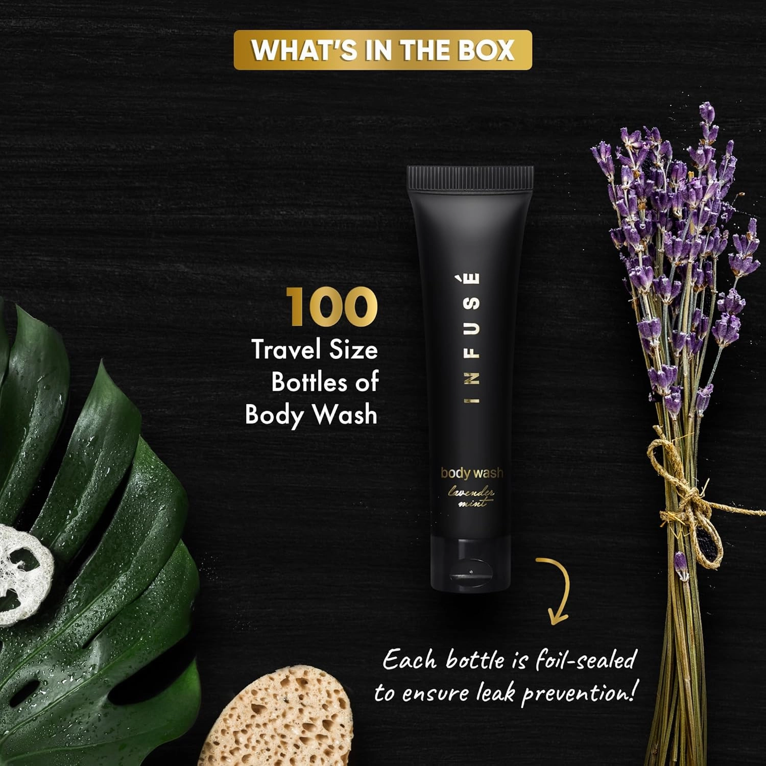 Infuse Black Hotel Toiletries Bulk | 1 oz Body Wash Travel Size | For Hotels, Vacation Rentals, Gym, Luxury, Airport | Case of 100