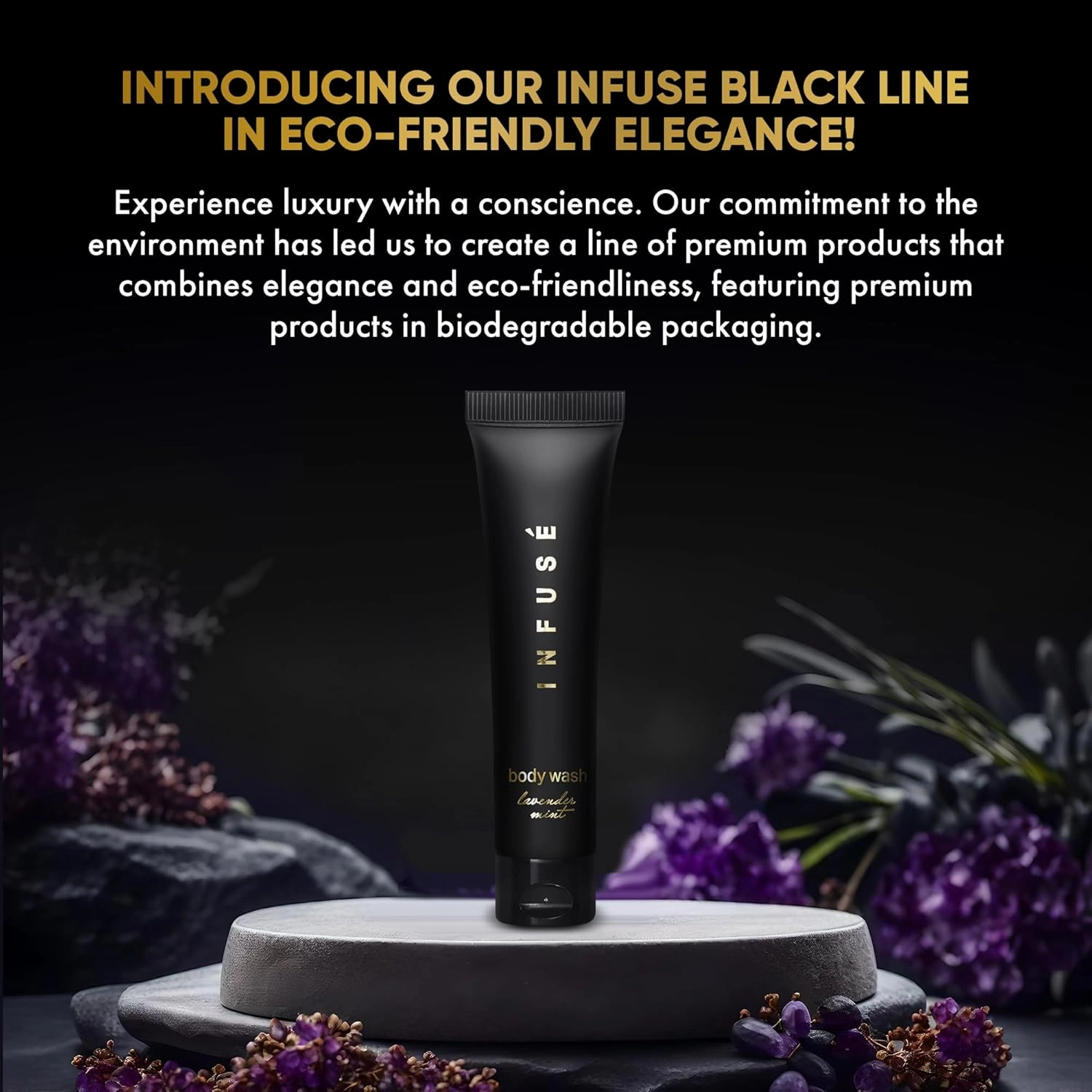 Infuse Black Hotel Toiletries Bulk | 1 oz Body Wash Travel Size | For Hotels, Vacation Rentals, Gym, Luxury, Airport | Case of 100