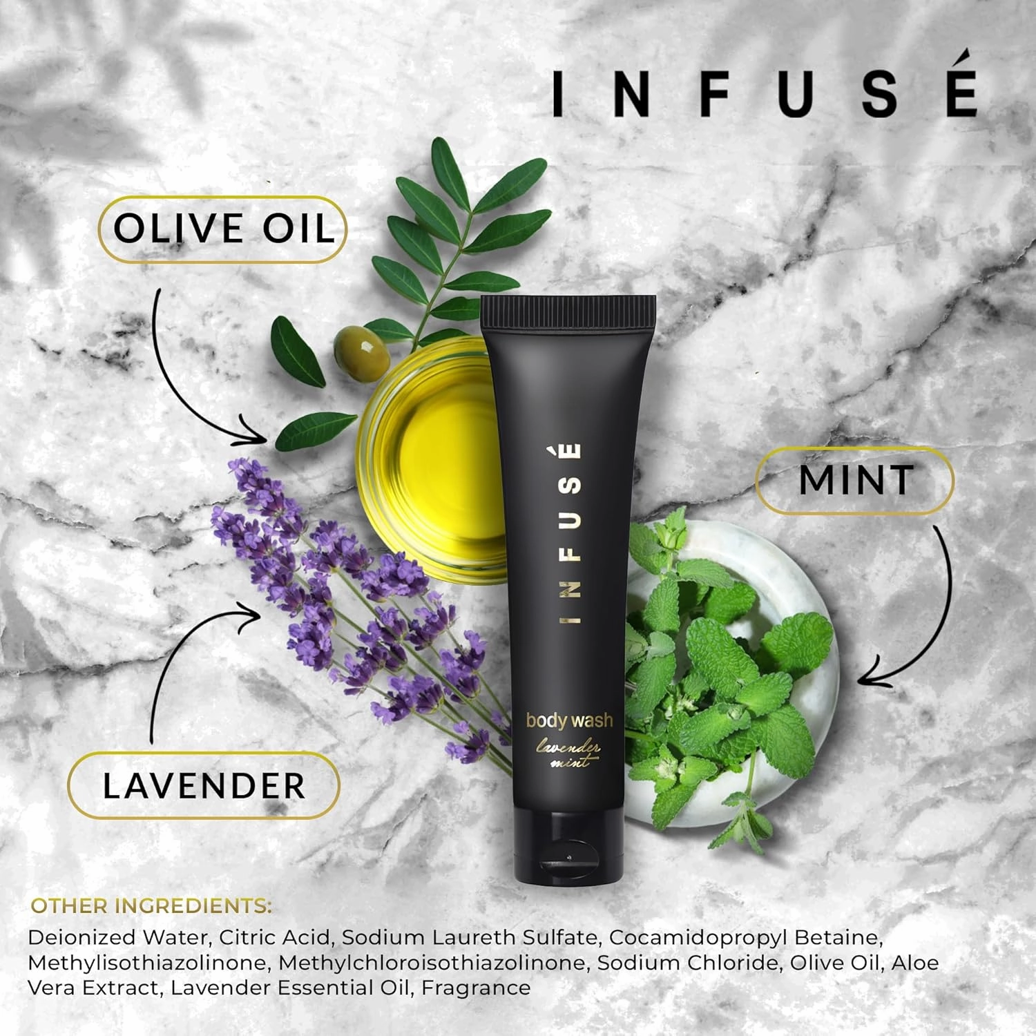 Infuse Black Hotel Toiletries Bulk | 1 oz Body Wash Travel Size | For Hotels, Vacation Rentals, Gym, Luxury, Airport | Case of 100