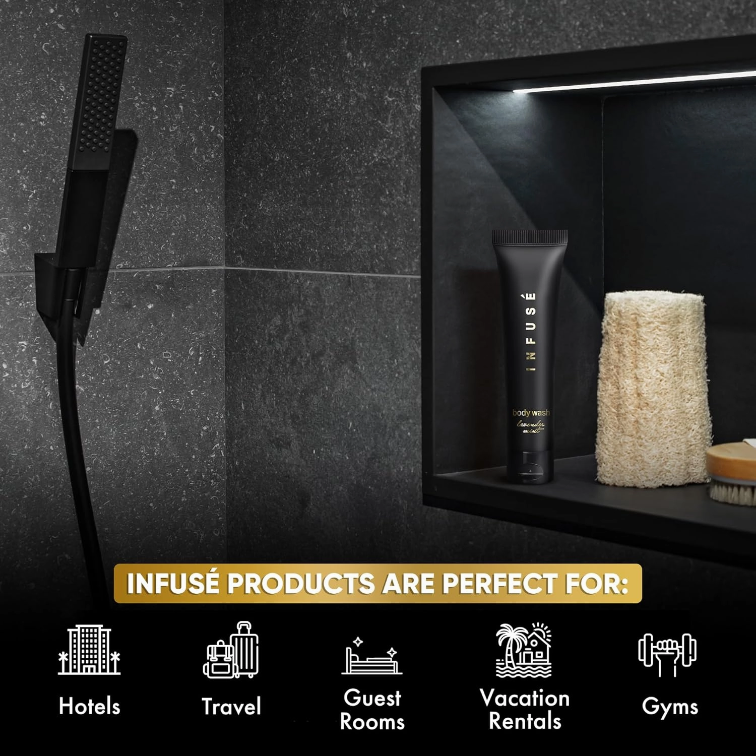 Infuse Black Hotel Toiletries Bulk | 1 oz Body Wash Travel Size | For Hotels, Vacation Rentals, Gym, Luxury, Airport | Case of 100