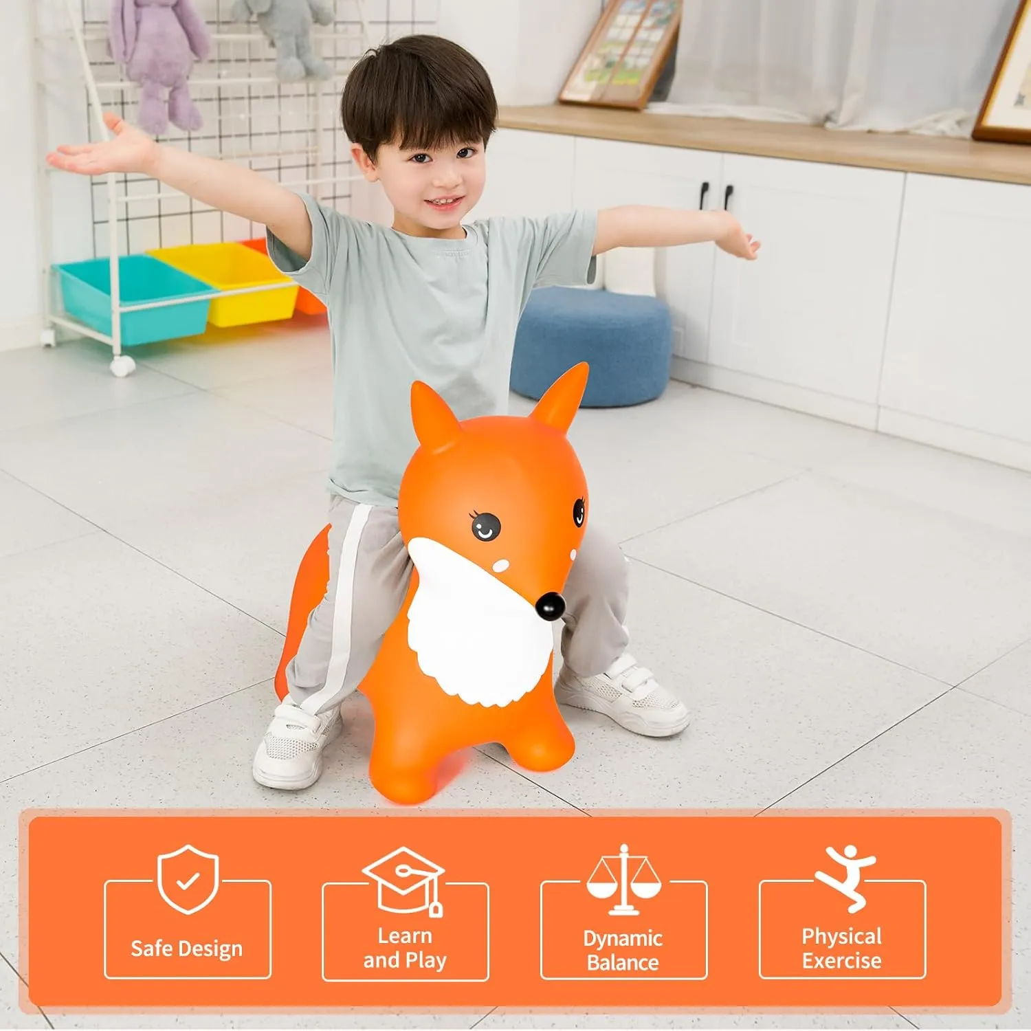 INPANY Bouncy Horse, Fox Hopper Toys, Girls Toddlers Bouncing Animals, Inflatable Hopping Horse Buddies, Ride on Rubber Bouncer, Outdoor Indoor Baby Birthday Gifts for 2 3 4 Year Old Boys