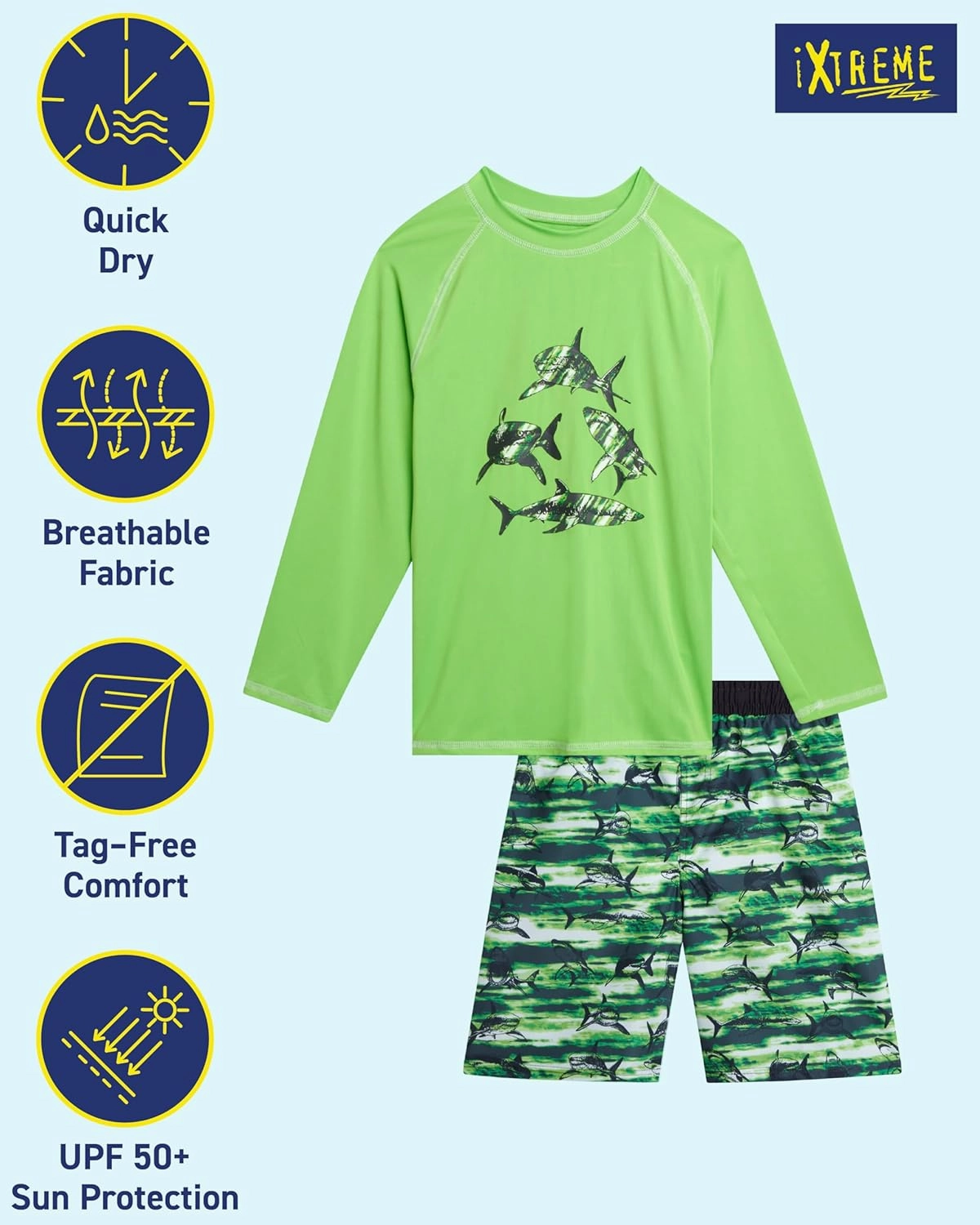 iXtreme Boys Rash Guard Set - 2 Piece UPF 50  Quick Dry Long Sleeve Swim Shirt and Swim Trunks for Boys (Sizes: 2T-14)