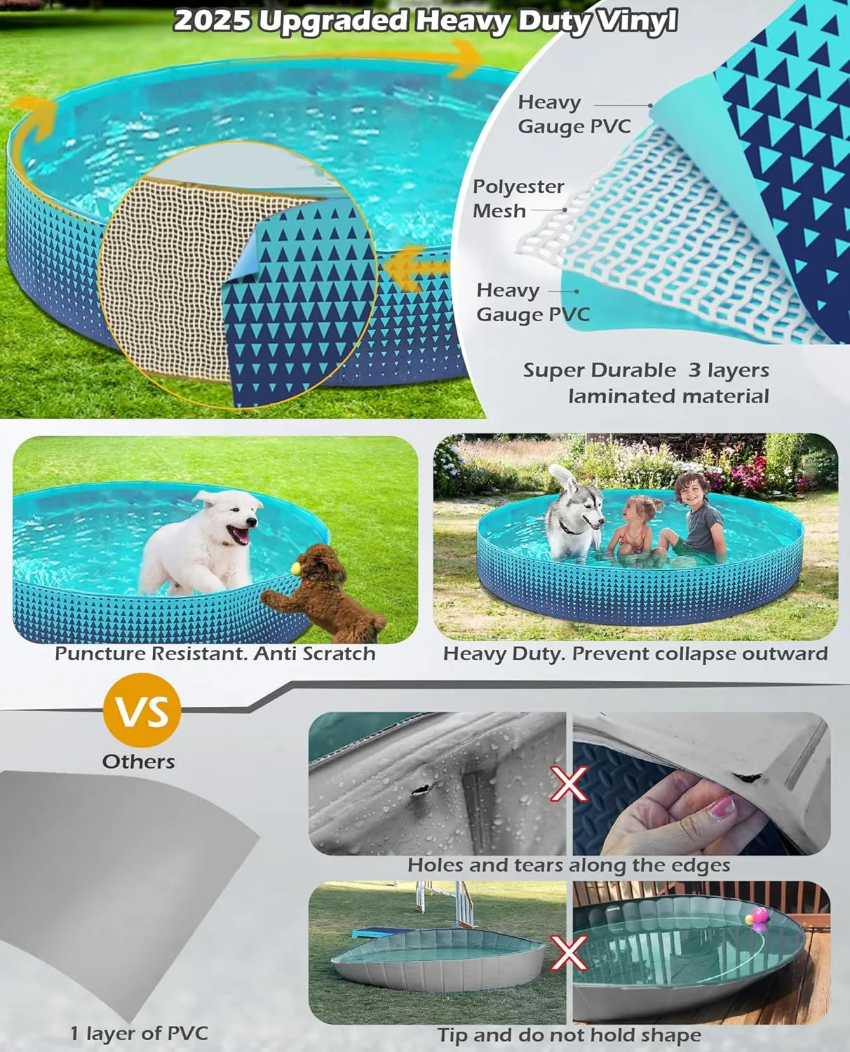 Jasonwell Foldable Dog Kiddie Pool - Hard Plastic Kids Paddling Pool Toddler Baby Swimming Pools for Backyard Collapsible Whelping Box Pet Doggie Cats Wading Pools Bathtub for Puppy Large Dogs 79In