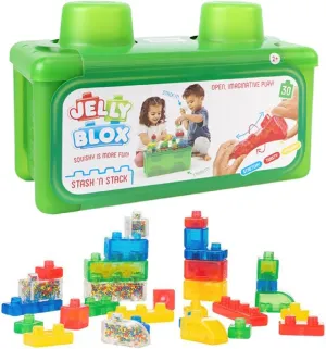 Jelly Blox Stash 'N Stack 2-in-1 Storage Case Including 30 Blocks | Toddler & Preschool Building Blocks Kids Can Squeeze & Stretch | Safety Tested & Ouch-Free | Tactile, Sensory Play Toy for Ages 2 